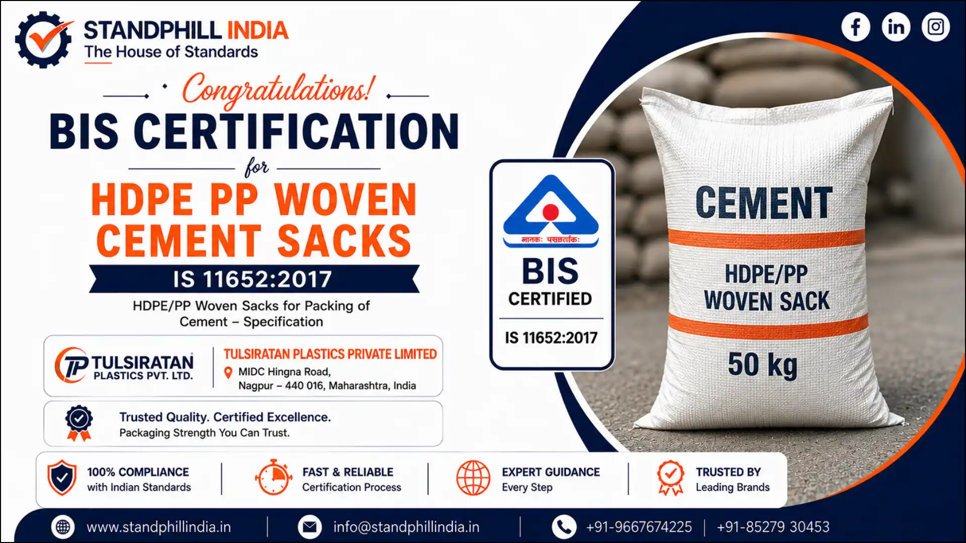 BIS Certification for HDPE PP Woven Cement Sacks IS 11652:2017 — Tulsiratan Plastics Private Limited, MIDC Hingna Road, Nagpur | Standphill India