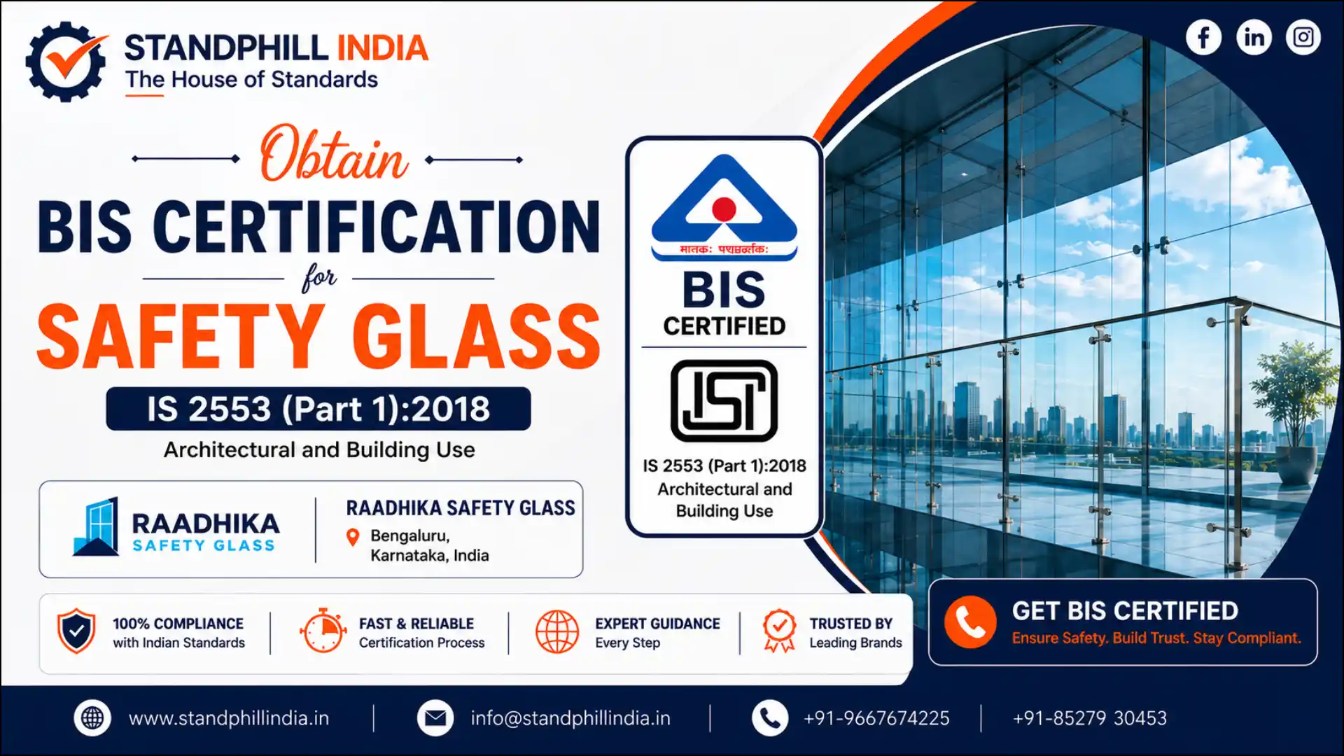 BIS Certification for Safety Glass IS 2553 Part 1:2018 Architectural and Building Use — Raadhika Safety Glass, Bengaluru | Standphill India