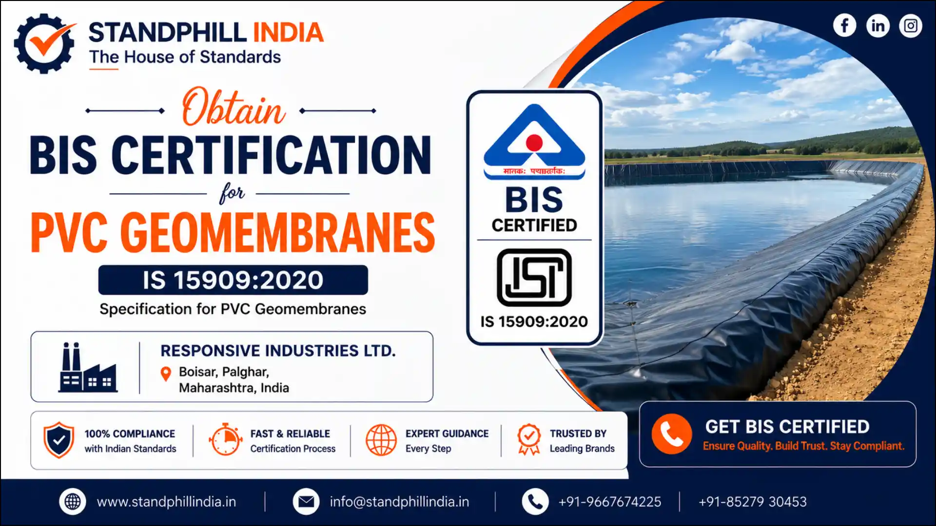 BIS Certification for PVC Geomembranes IS 15909:2020 - Responsive Industries Ltd., Boisar, Palghar, Maharashtra | Standphill India