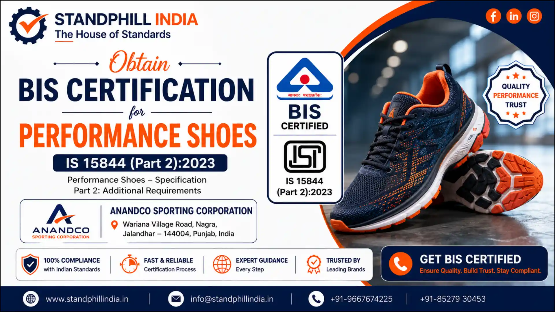 BIS Certification for Performance Shoes IS 15844 Part 2:2023 - Anandco Sporting Corporation, Wariana Village Road, Nagra, Jalandhar | Standphill India