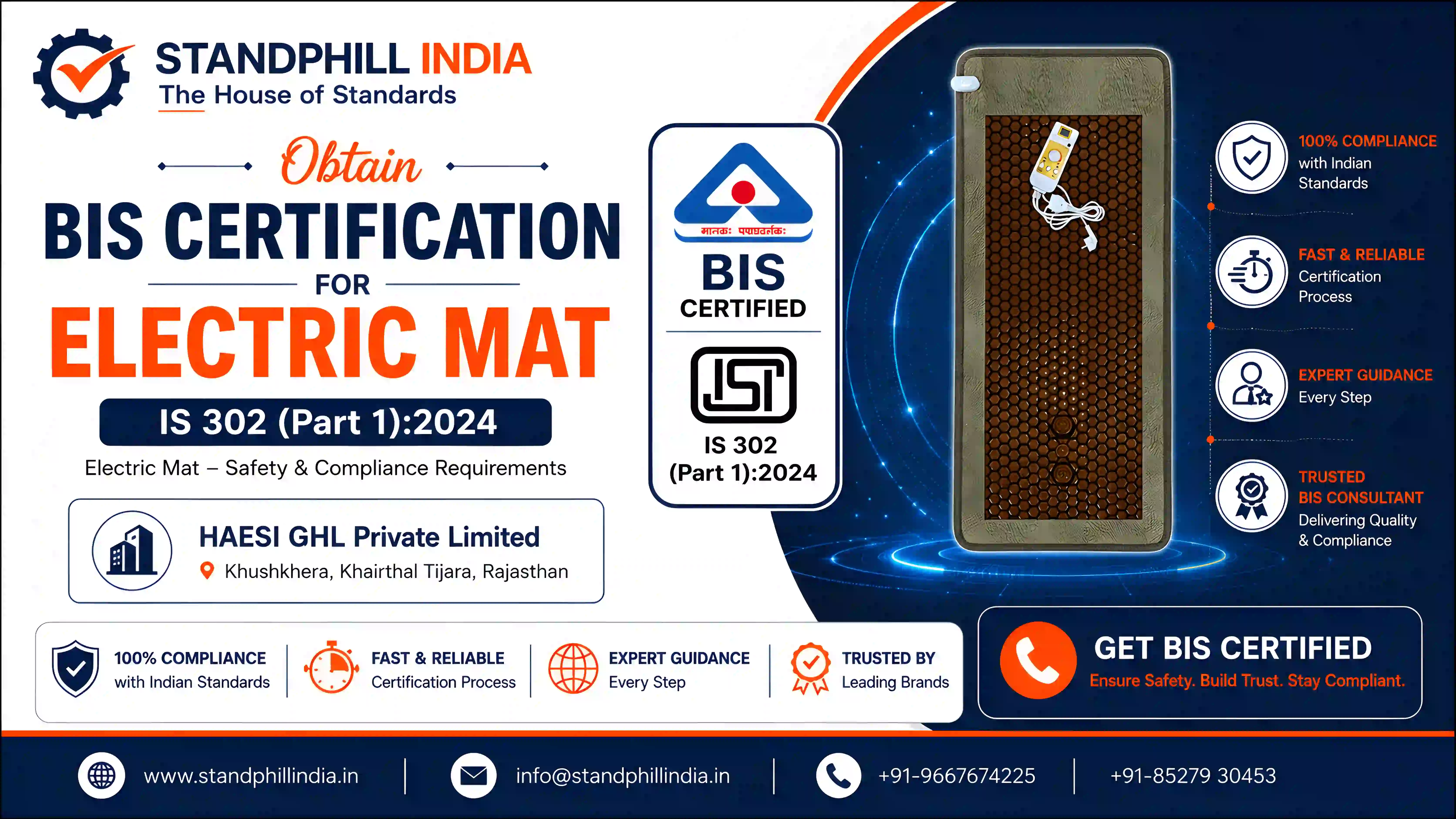 BIS Certification for Electric Mat IS 302 Part 1:2024 - HAESI GHL Private Limited, Khushkhera, Khairthal Tijara, Rajasthan | Standphill India