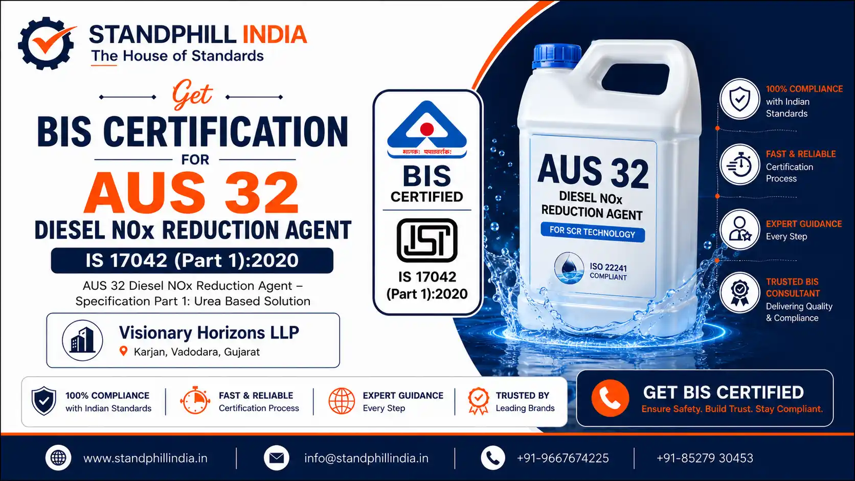 BIS Certification for AUS 32 Diesel NOx Reduction Agent IS 17042 Part 1:2020 - Visionary Horizons LLP, Karjan, Vadodara | Standphill India