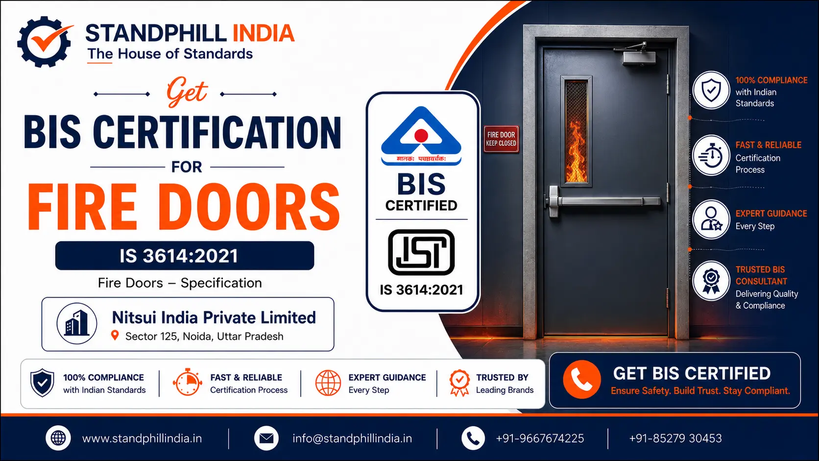 BIS Certification for Fire Doors IS 3614:2021 - Nitsui India Private Limited, Sector 125, Noida | Standphill India