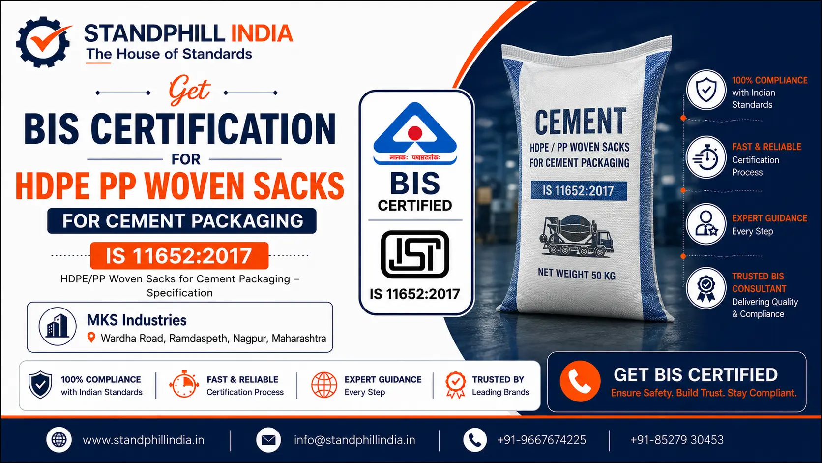 BIS Certification for HDPE PP Woven Sacks for Cement Packaging IS 11652:2017 - MKS Industries, Wardha Road, Ramdaspeth, Nagpur | Standphill India
