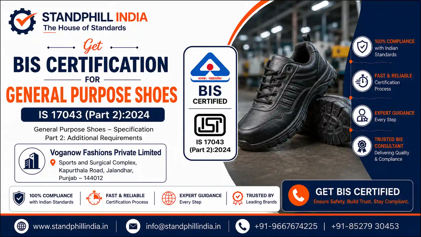 BIS Certification for General Purpose Shoes IS 17043 Part 2:2024 - Voganow Fashions Private Limited, Sports and Surgical Complex, Kapurthala Road, Jalandhar | Standphill India
