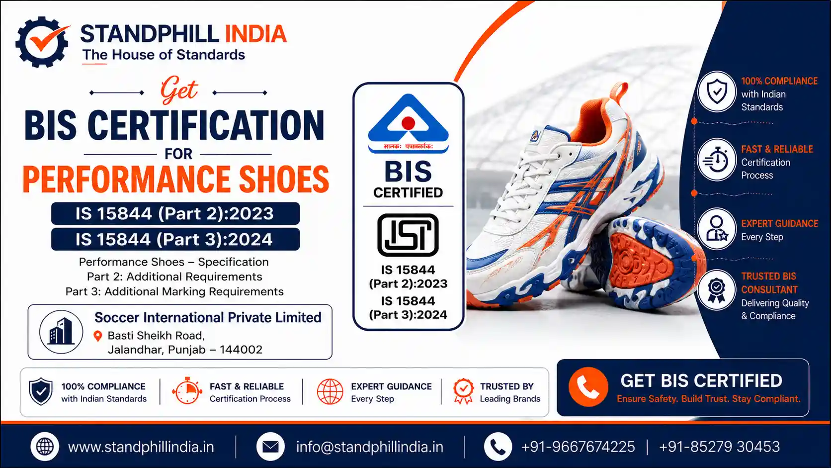 BIS Certification for Performance Shoes IS 15844 Part 2:2023 and IS 15844 Part 3:2024 - Soccer International Private Limited, Basti Sheikh Road, Jalandhar | Standphill India
