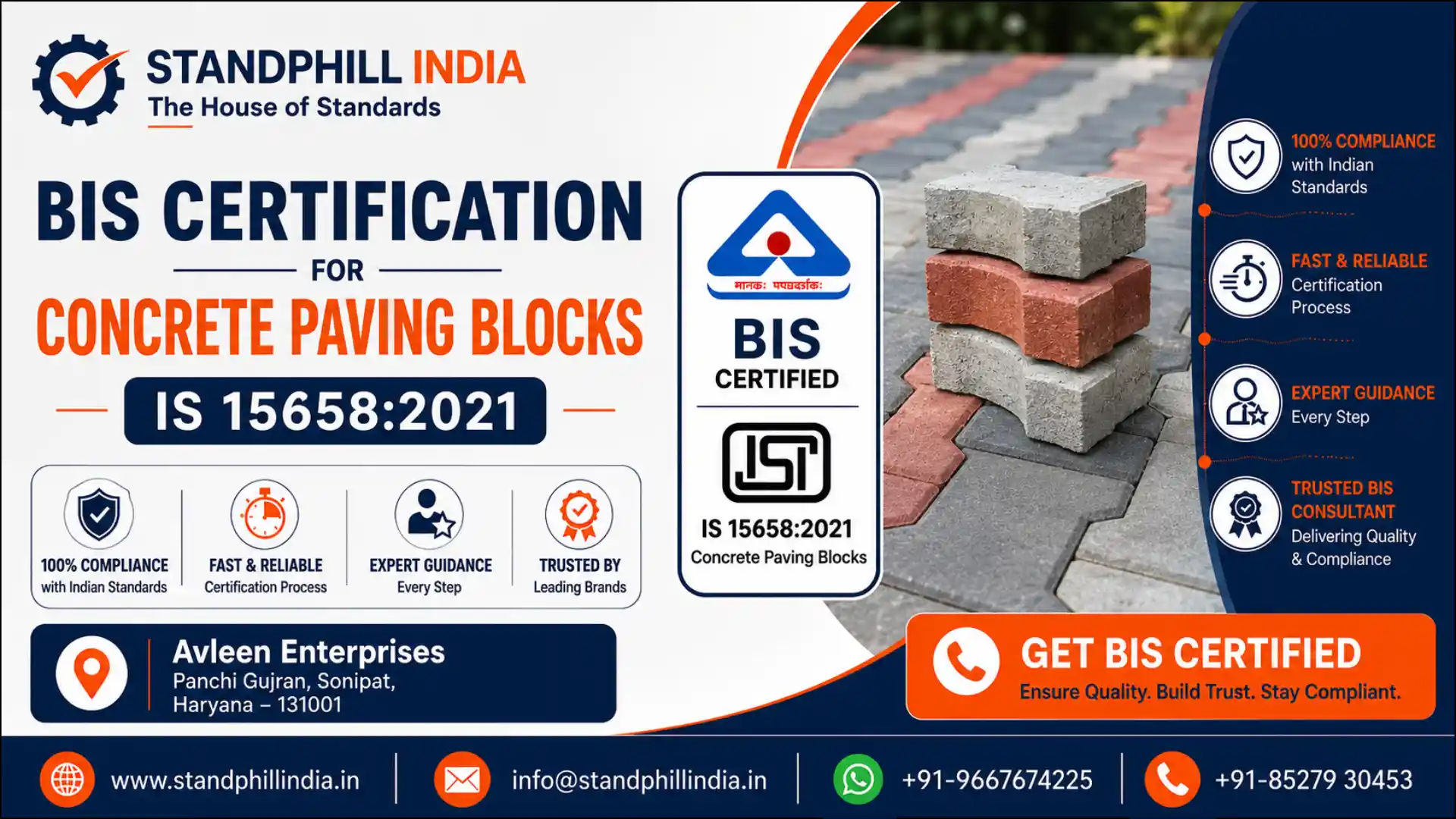 BIS Certification for Concrete Paving Blocks IS 15658:2021 - Avleen Enterprises, Panchi Gujran, Sonipat, Haryana | Standphill India