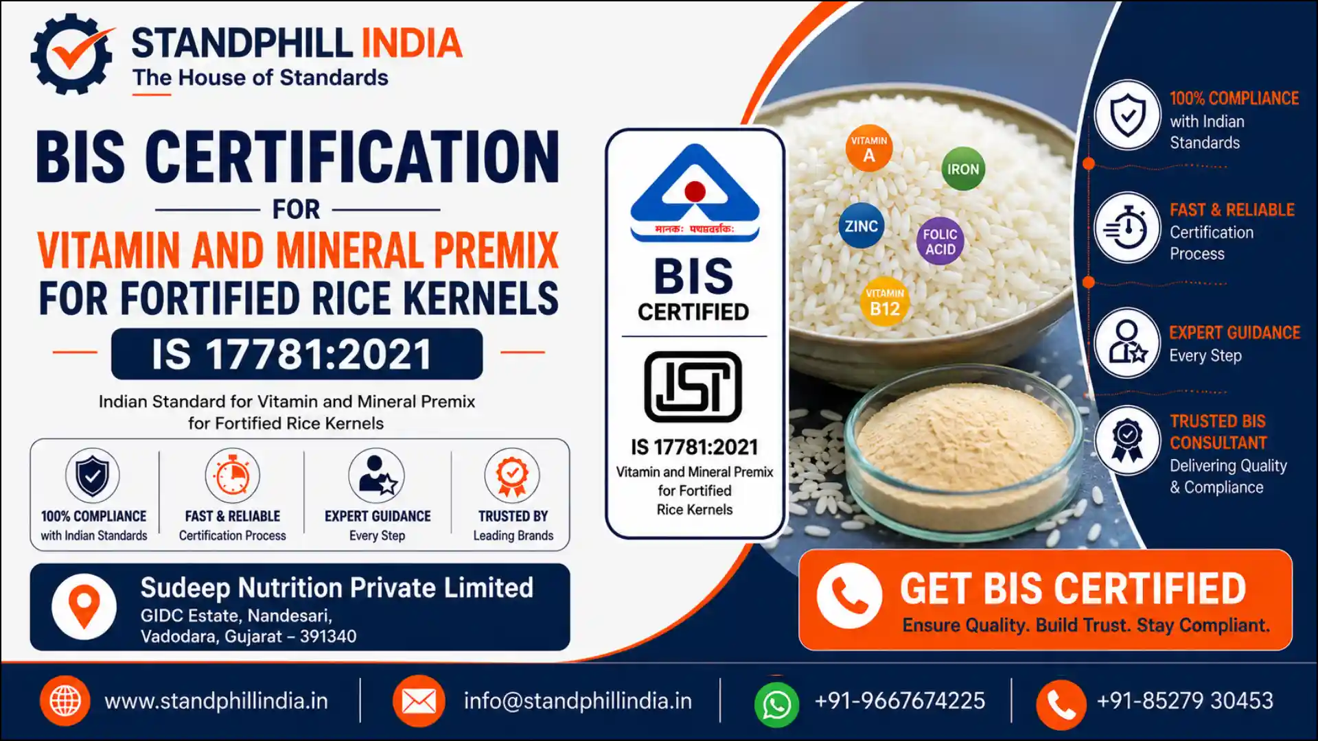 BIS Certification for Vitamin and Mineral Premix for Fortified Rice Kernels IS 17781:2021 - Sudeep Nutrition Private Limited, GIDC Estate, Nandesari, Vadodara, Gujarat | Standphill India