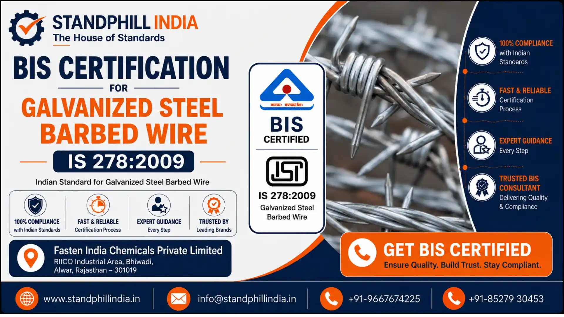 BIS Certification for Galvanized Steel Barbed Wire IS 278:2009 - R.R. Steels, Panki Site-II, Kanpur | Standphill India