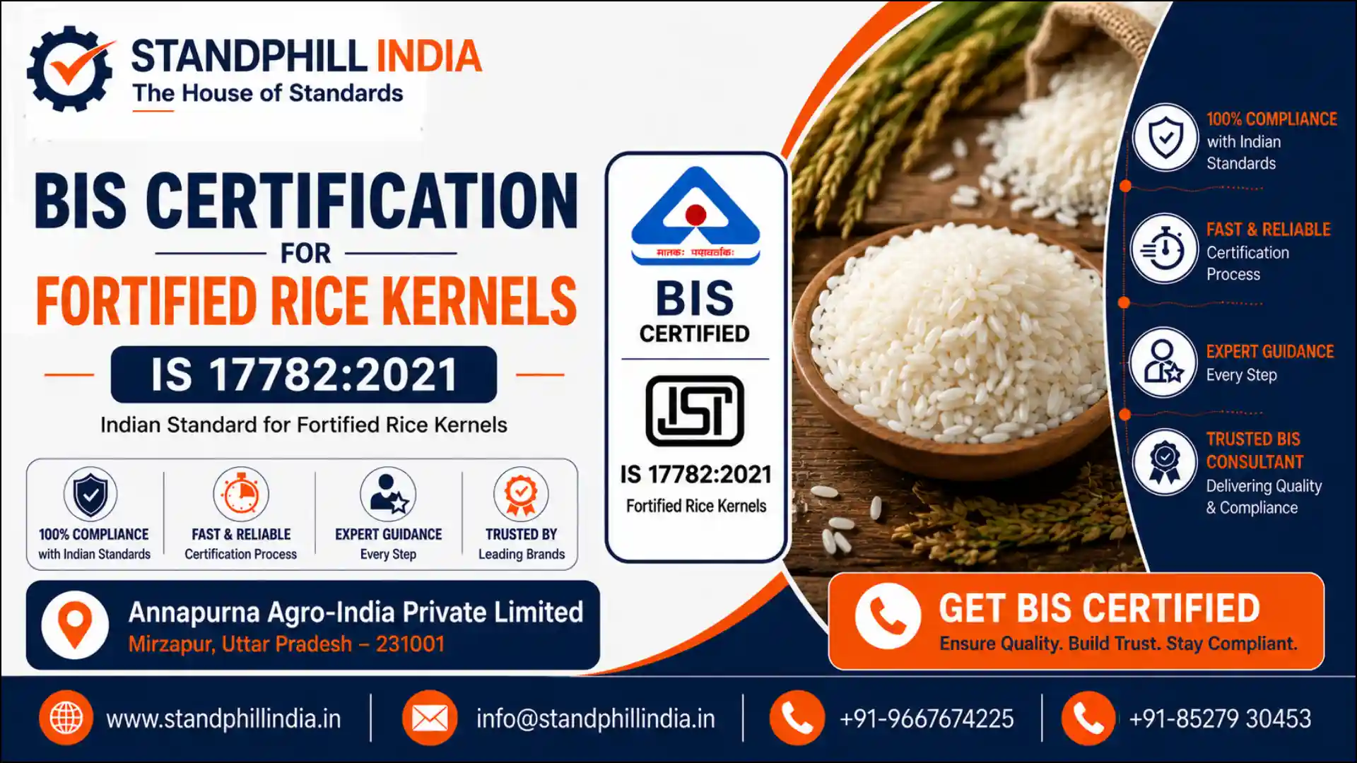 BIS Certification for Fortified Rice Kernels IS 17782:2021 - Annapurna Agro-India Private Limited, Mirzapur | Standphill India