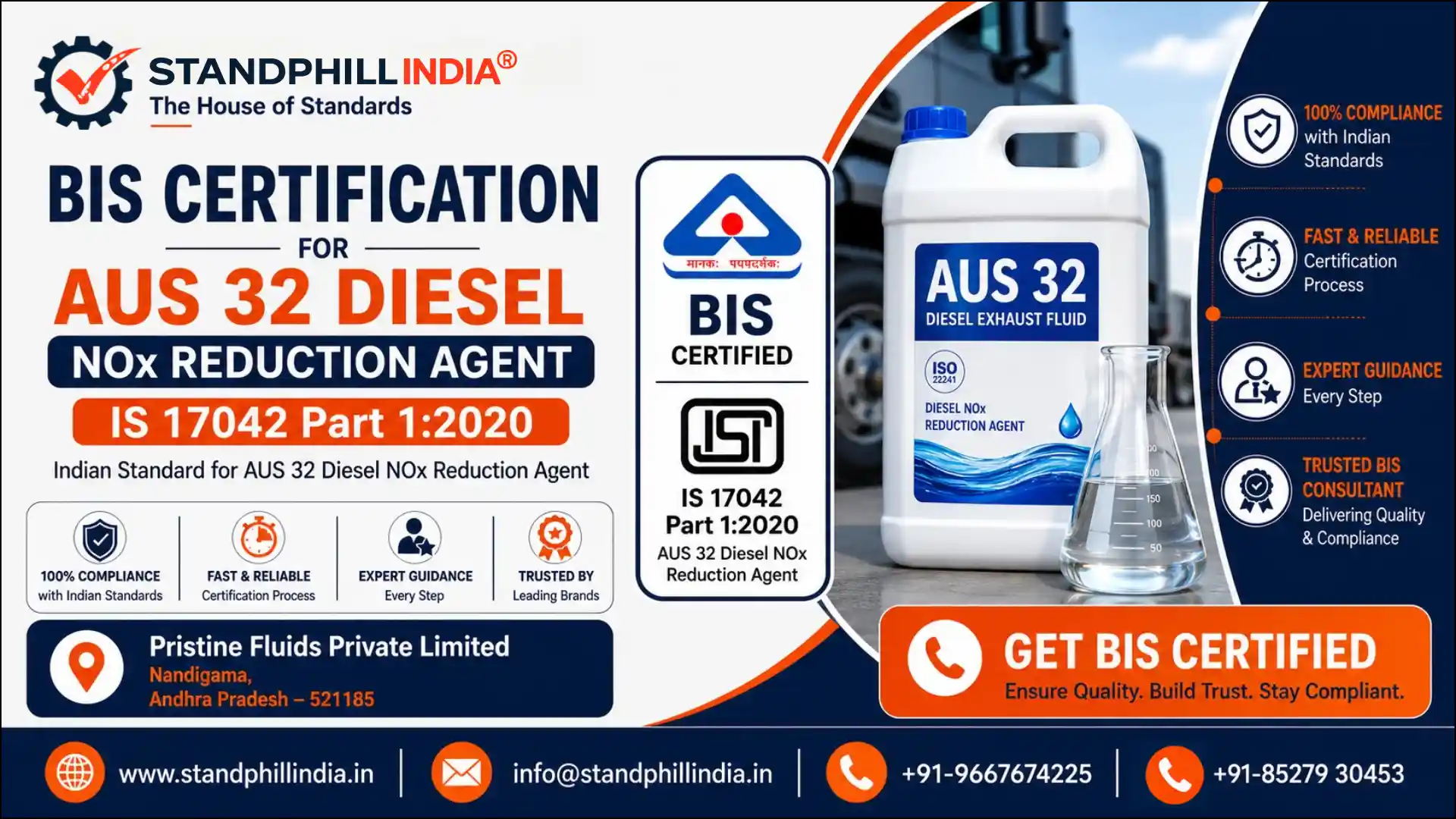 BIS Certification for AUS 32 Diesel NOx Reduction Agent IS 17042 Part 1:2020 - Pristine Fluids Private Limited, Nandigama, Andhra Pradesh | Standphill India