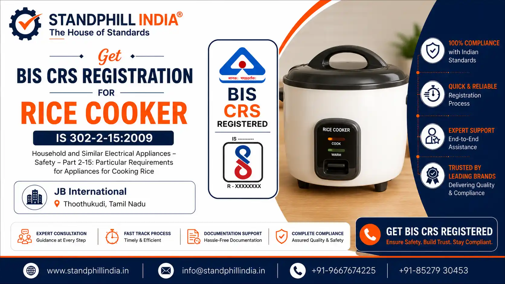 BIS CRS Registration for Rice Cooker IS 302-2-15:2009 - JB International, Thoothukudi, Tamil Nadu | Standphill India
