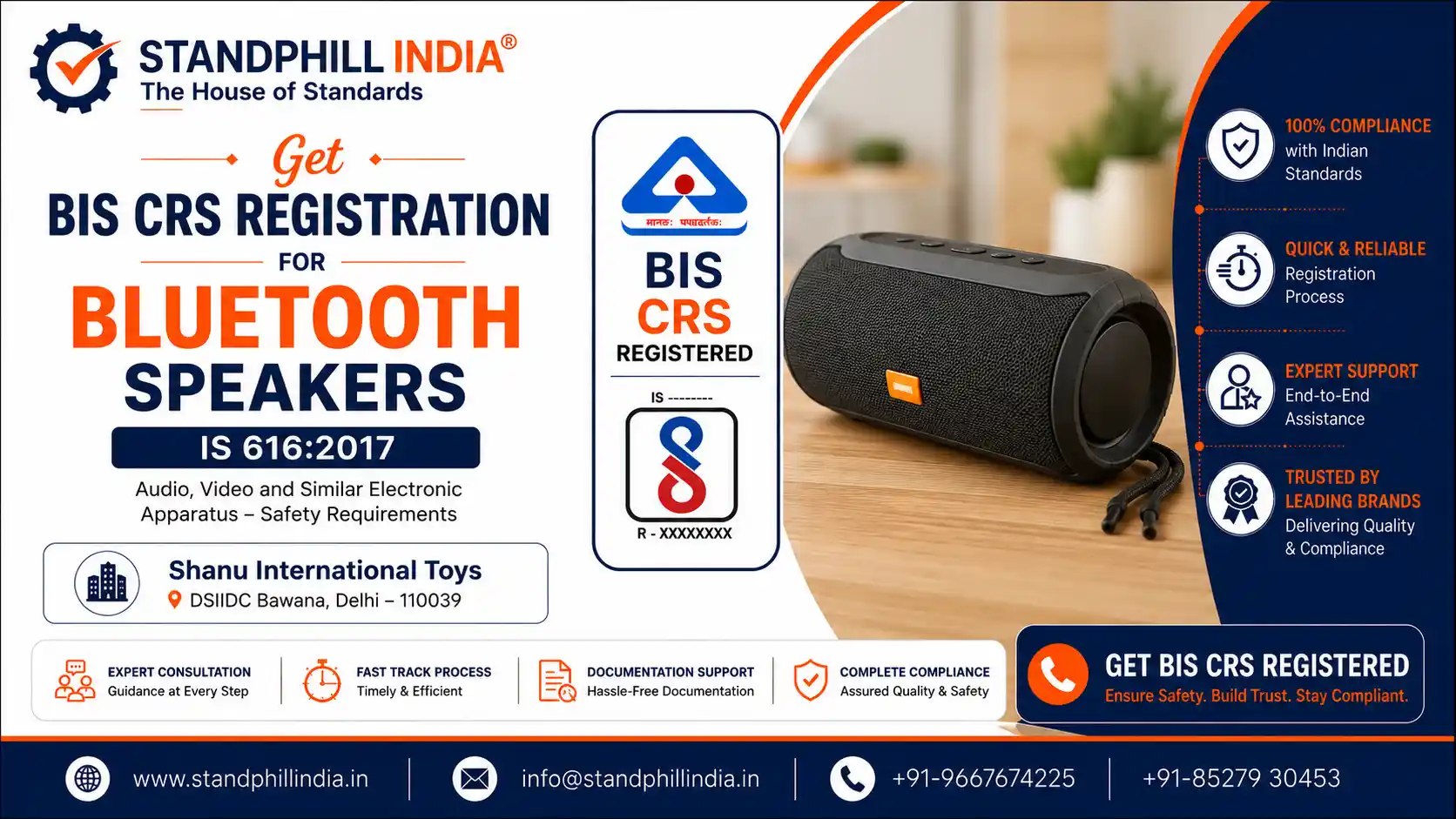 BIS CRS Registration for Bluetooth Speakers IS 616:2017 - Shanu International Toys, DSIIDC Bawana, Delhi | Standphill India