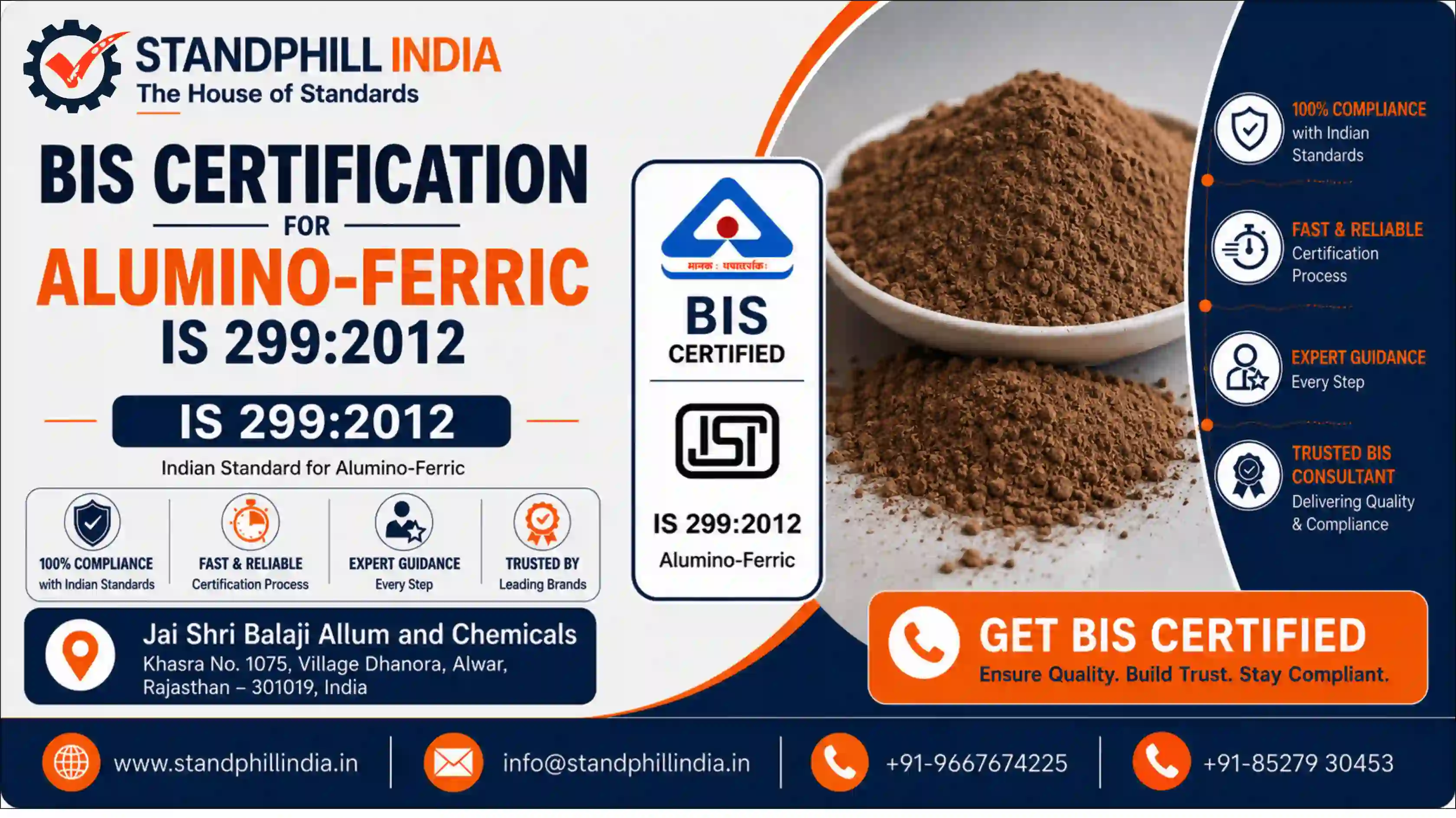 BIS Certification for Alumino-Ferric IS 299:2012 - Jai Shri Balaji Allum and Chemicals, Khandwa, Madhya Pradesh | Standphill India