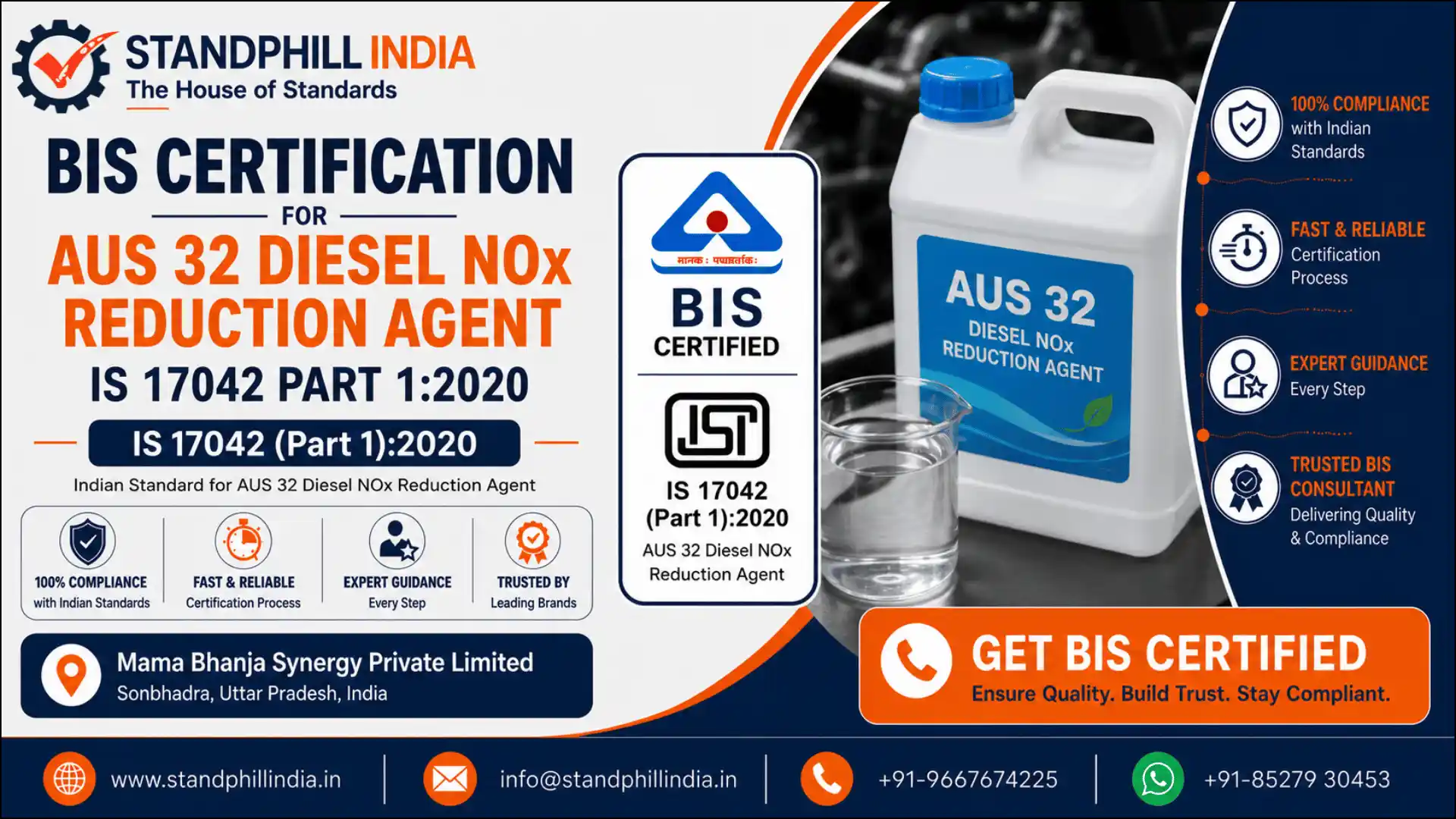 BIS Certification for AUS 32 Diesel NOx Reduction Agent IS 17042 Part 1:2020 - Mama Bhanja Synergy Private Limited, Sonbhadra, Uttar Pradesh | Standphill India