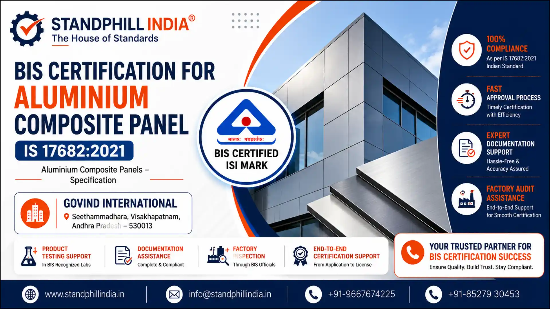 BIS Certification for Aluminium Composite Panel IS 17682:2021 - Govind International, Seethammadhara, Visakhapatnam, Andhra Pradesh | Standphill India