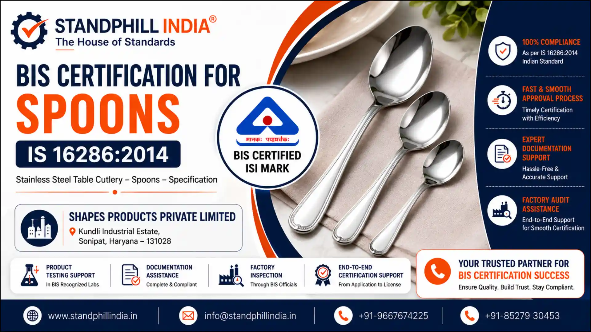 BIS Certification for Spoons IS 16286:2014 - Shapes Products Private Limited, Kundli Industrial Estate, Sonipat, Haryana | Standphill India