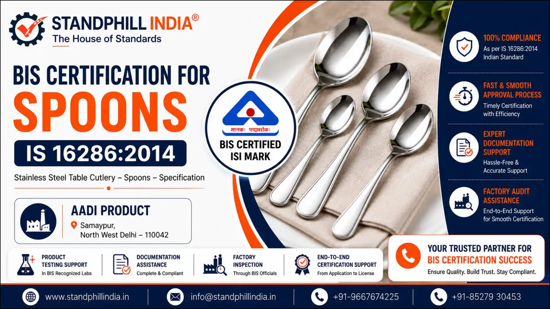 BIS Certification for Spoons IS 16286:2014 - Aadi Product, Samaypur, North West Delhi | Standphill India