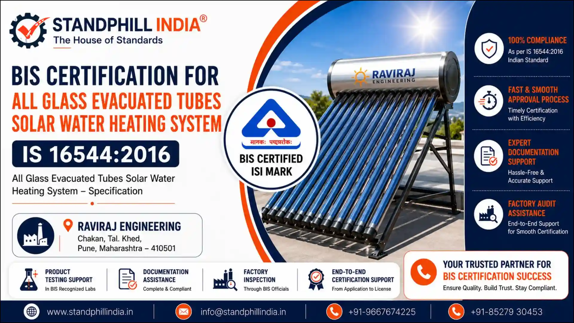 BIS Certification for All Glass Evacuated Tubes Solar Water Heating System IS 16544:2016 - Raviraj Engineering, Chakan, Pune, Maharashtra