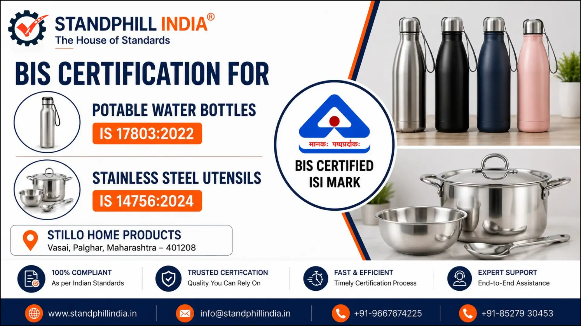 BIS Certification for Potable Water Bottles IS 17803:2022 and Stainless Steel Utensils IS 14756:2024 - Stillo Home Products, Vasai, Palghar, Maharashtra | Standphill India