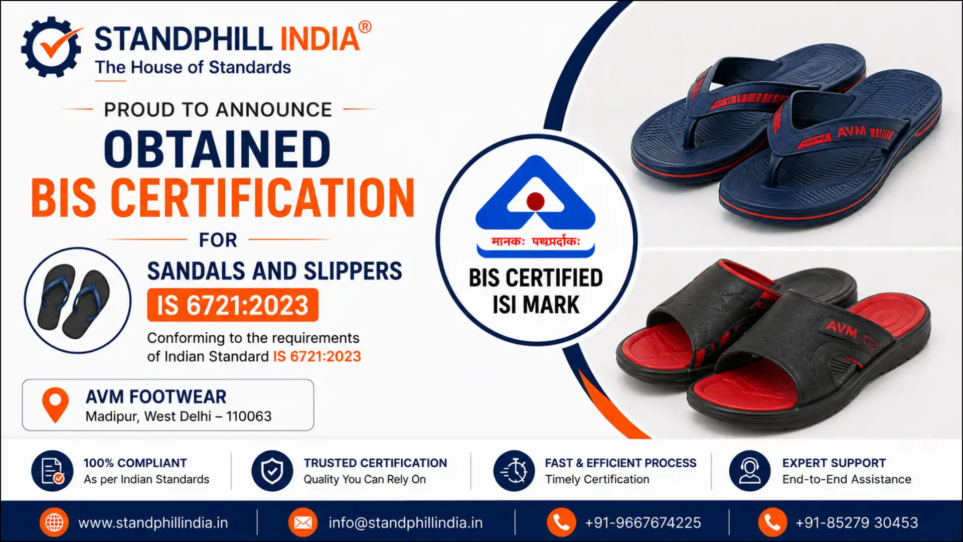 Obtained BIS Certification for Sandals and Slippers IS 6721:2023 - AVM Footwear, Madipur, West Delhi | Standphill India