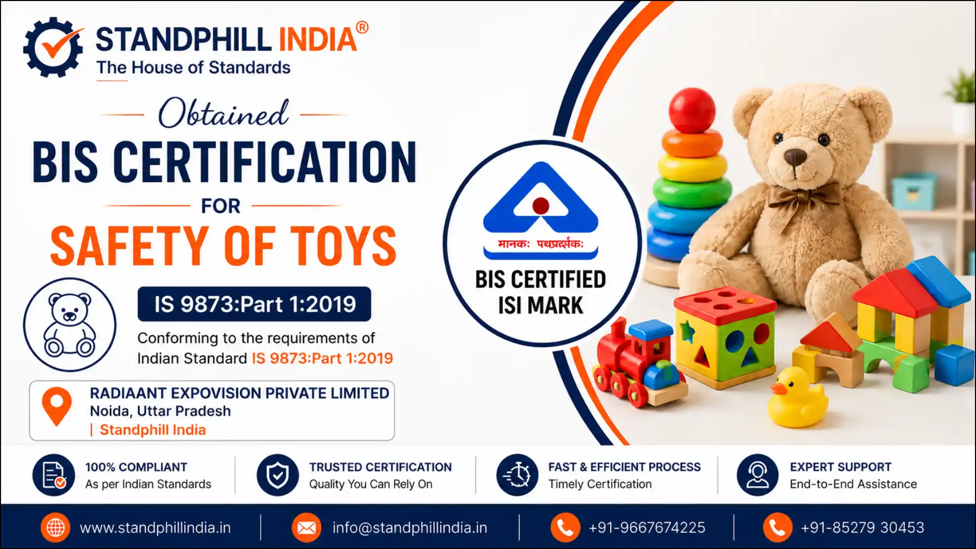 BIS Certification for Safety of Toys IS 9873:Part 1:2019 - Radiaant Expovision Private Limited, Noida, Uttar Pradesh | Standphill India