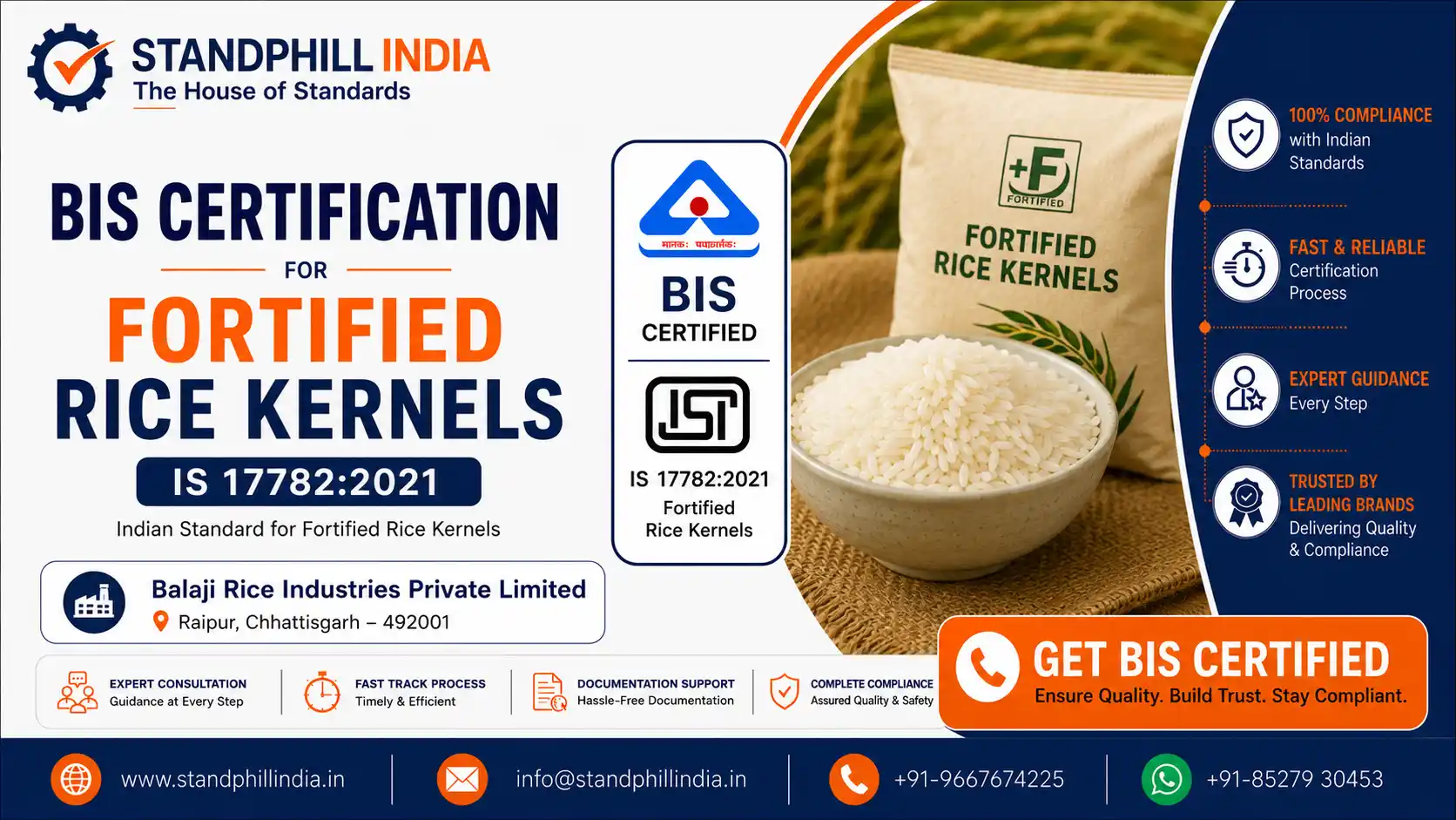 BIS Certification for Fortified Rice Kernels IS 17782:2021 - Balaji Rice Industries Private Limited, Raipur, Chhattisgarh | Standphill India