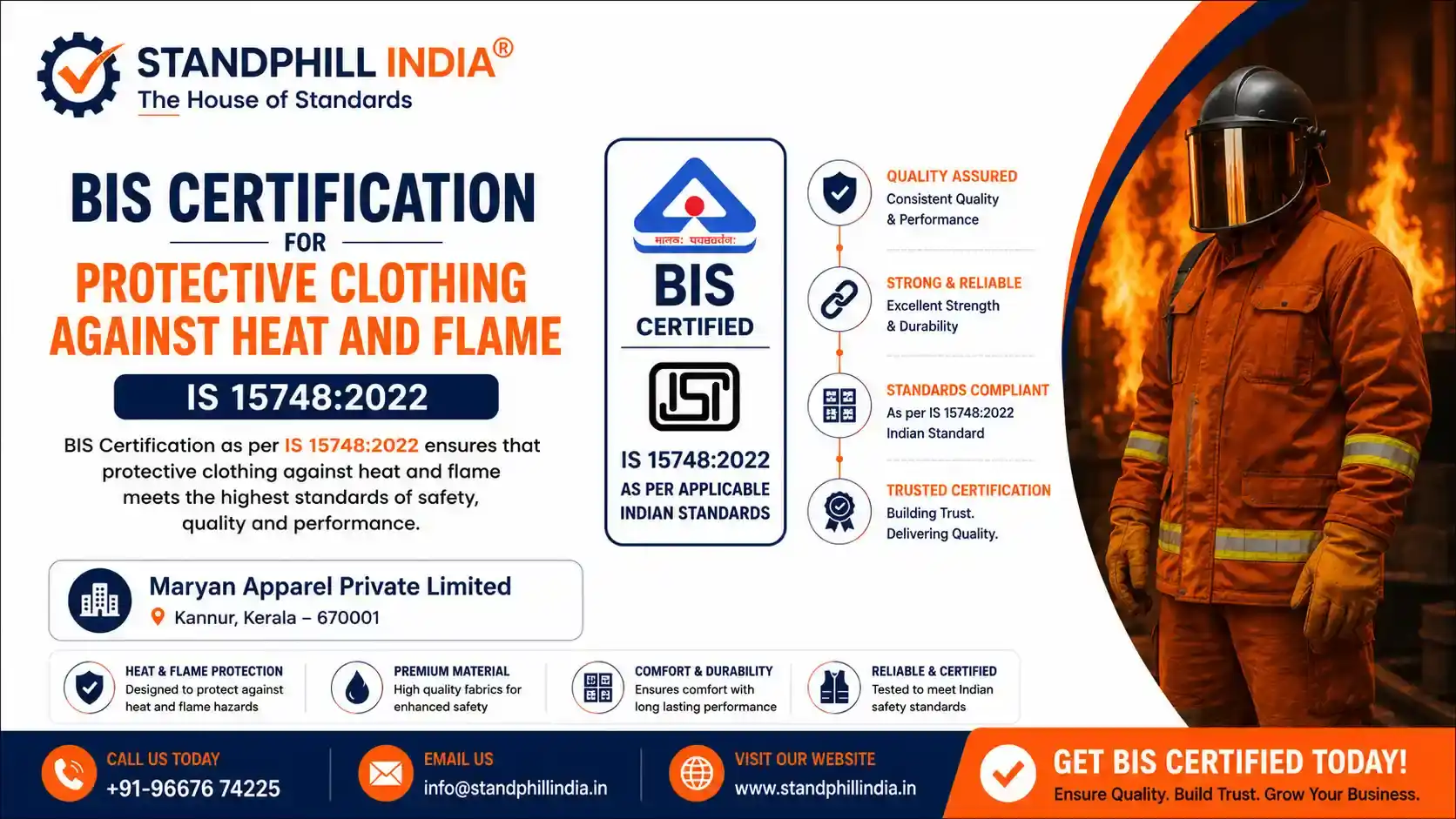 BIS Certification for Protective Clothing Against Heat and Flame IS 15748:2022 - Maryan Apparel Private Limited,  Kannur, Kerala | Standphill India
