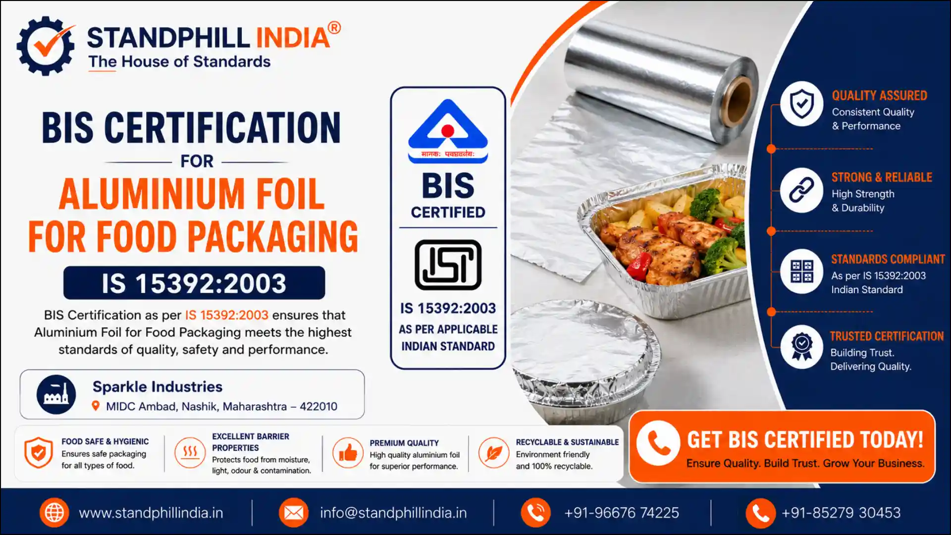 BIS Certification for Aluminium Foil for Food Packaging IS 15392:2003 - Sparkle Industries, MIDC Ambad, Nashik, Maharashtra | Standphill India