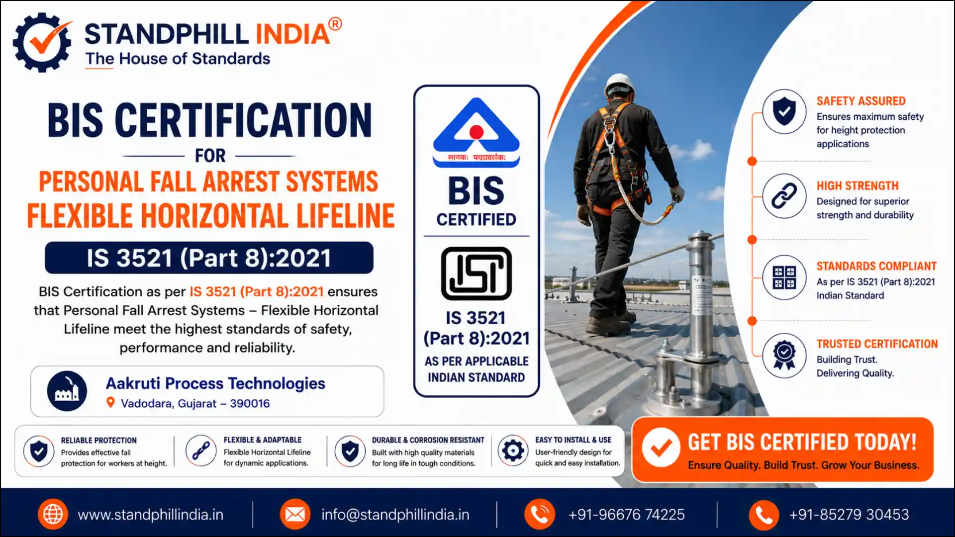 BIS Certification for Flexible Horizontal Lifeline Systems IS 3521 Part 8:2021 - Aakruti Process Technologies,  Vadodara, Gujarat | Standphill India