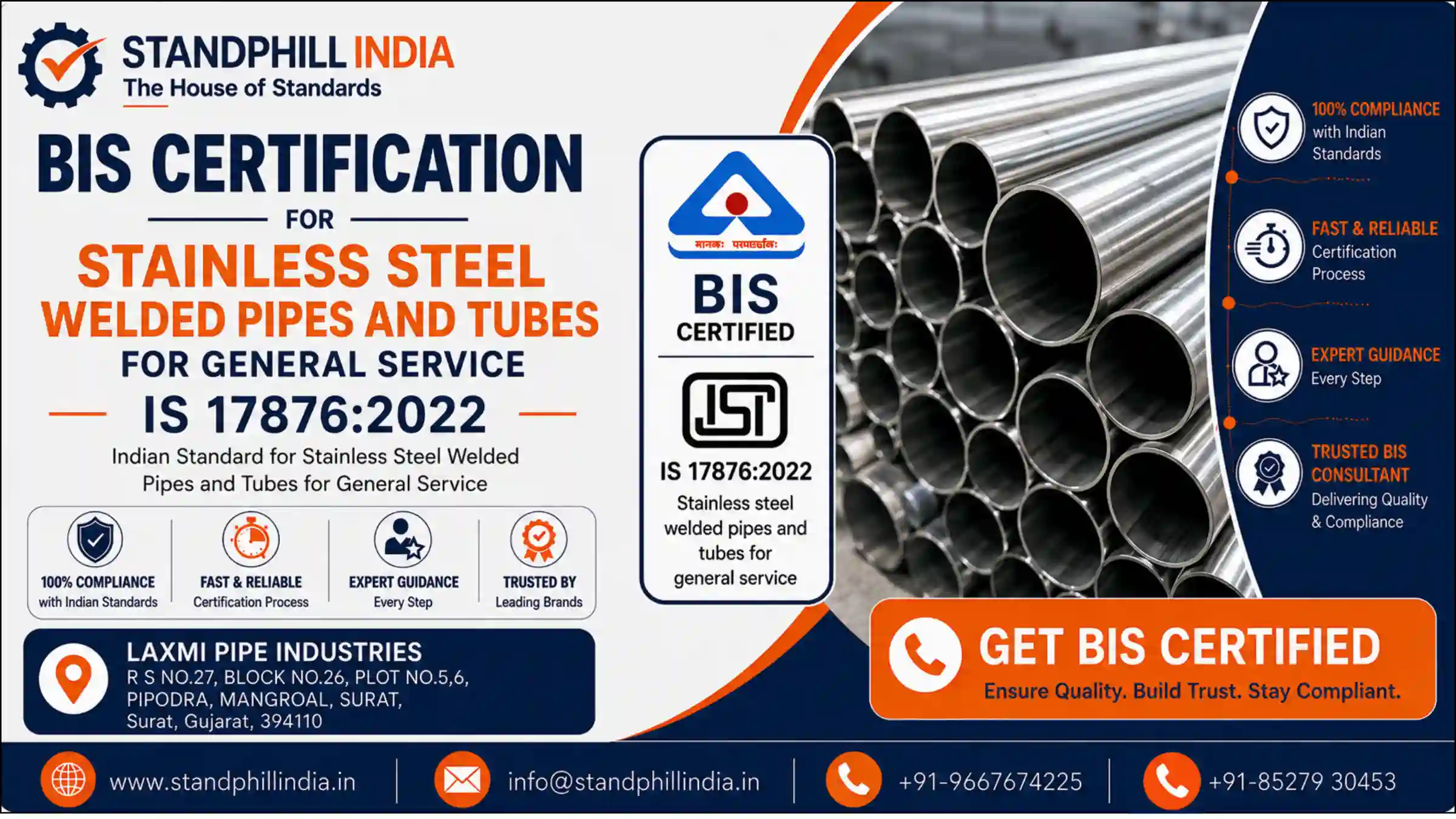 Get BIS Certification for Stainless Steel Welded Pipes IS 17876:2022 - LAXMI PIPE INDUSTRIES, Surat, Gujarat | Standphill India