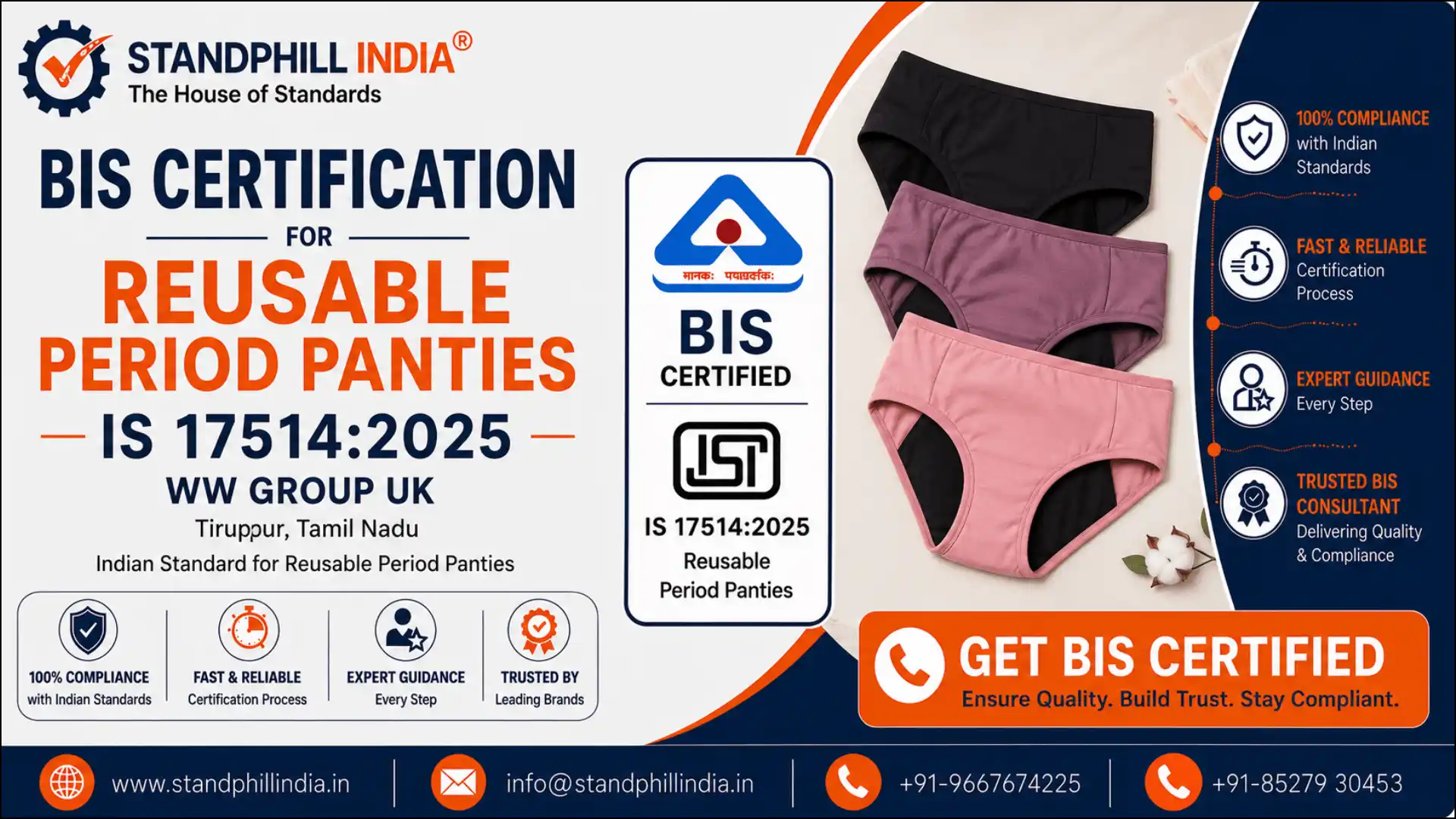 BIS Certification for Reusable Period Panties IS 17514:2025 - WW Group UK, Tirupur, Tamil Nadu | Standphill India