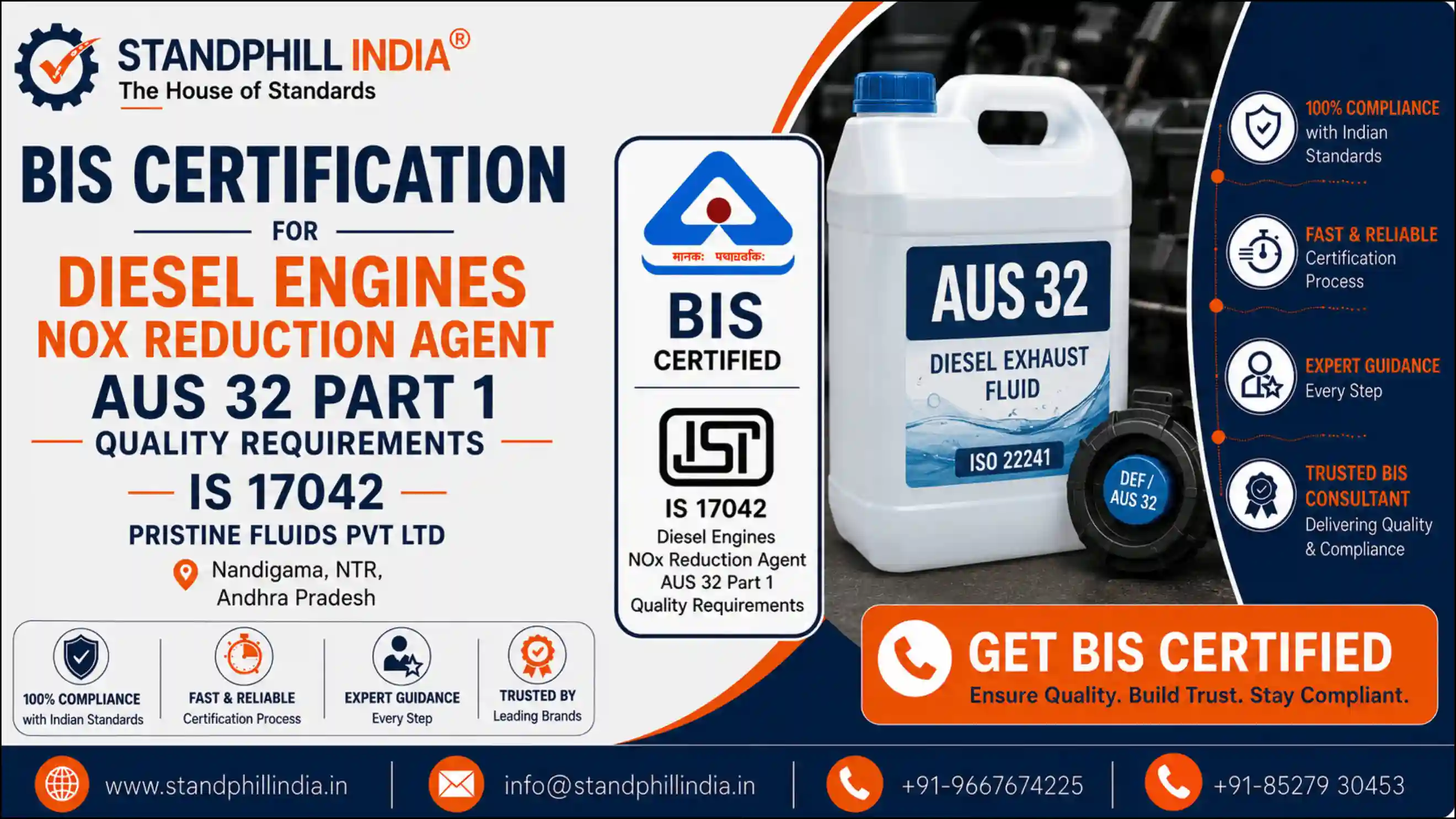 BIS Certification for AUS 32 Diesel NOx Reduction Agent IS 17042- Pristine Fluids Private Limited, Nandigama, Andhra Pradesh | Standphill India