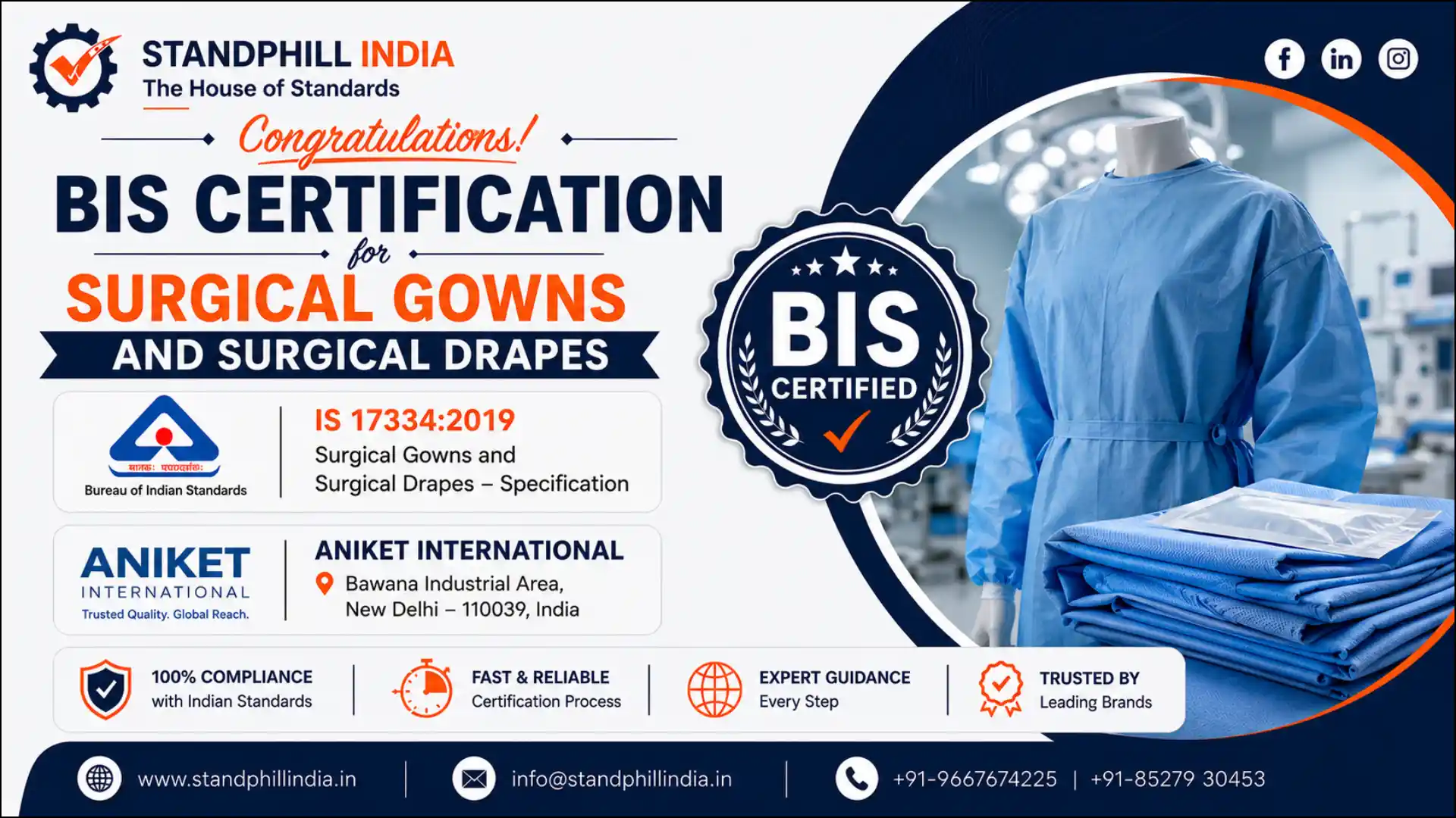 BIS Certification for Surgical Gowns and Surgical Drapes IS 17334:2019 - Aniket International, Bawana Industrial Area, New Delhi | Standphill India