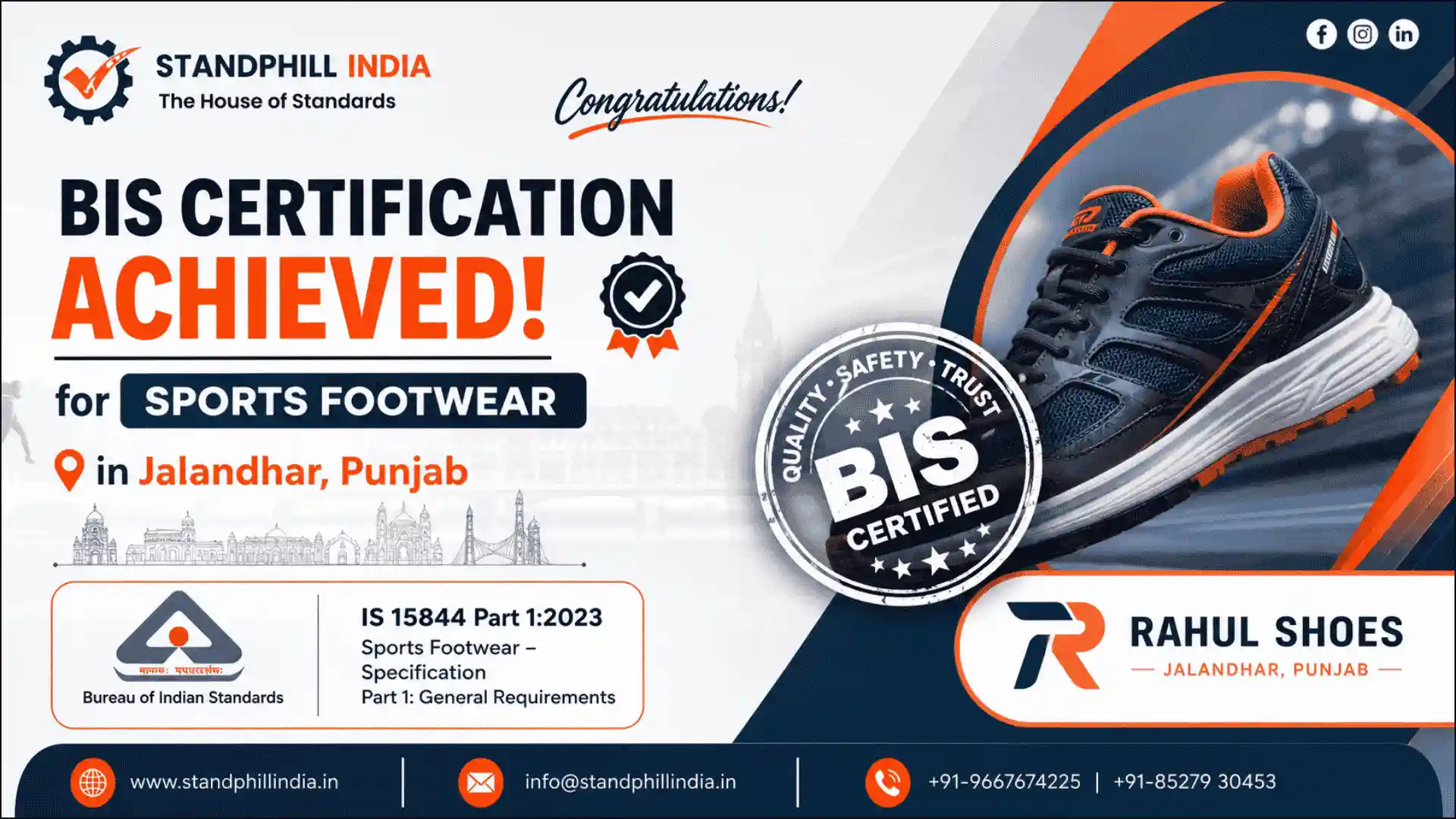 BIS Certification Achieved for Sports Footwear in Jalandhar Punjab — IS 15844 Part 1:2023 | Rahul Shoes | Standphill India