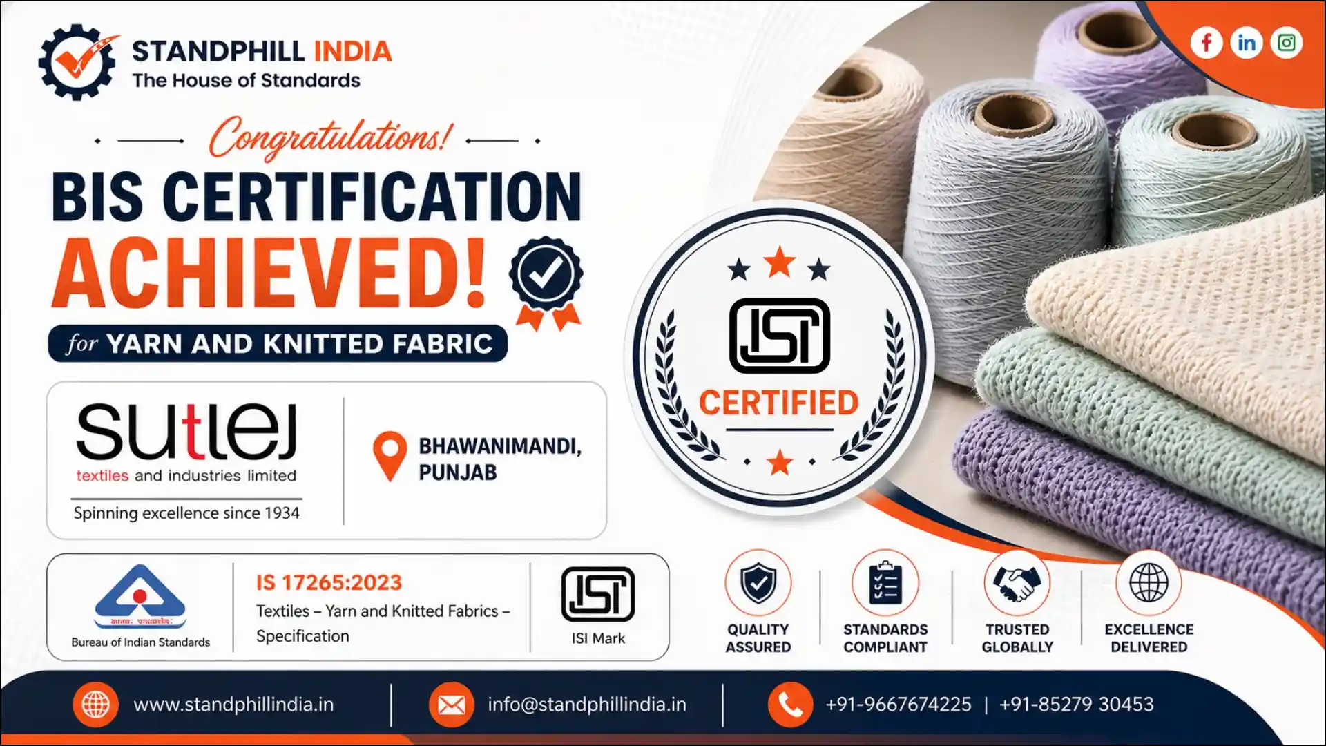 BIS ISI Mark Certification for Yarn and Knitted Fabric - IS 17265:2023 | Sutlej Textiles and Industries Limited, Bhawanimandi | Standphill India