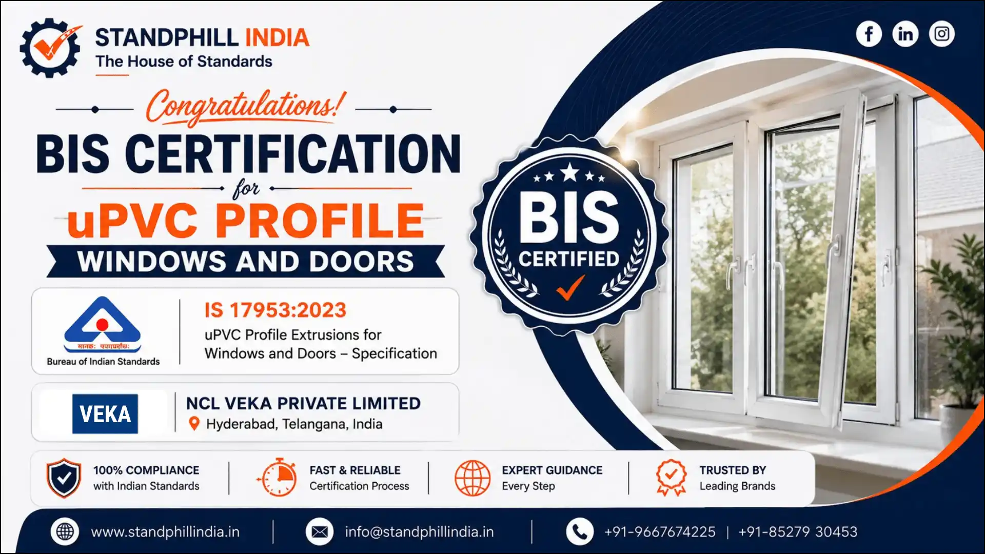 BIS Certification for UPVC Profile Windows and Doors IS 17953:2023 - NCL VEKA Private Limited, Hyderabad | Standphill India