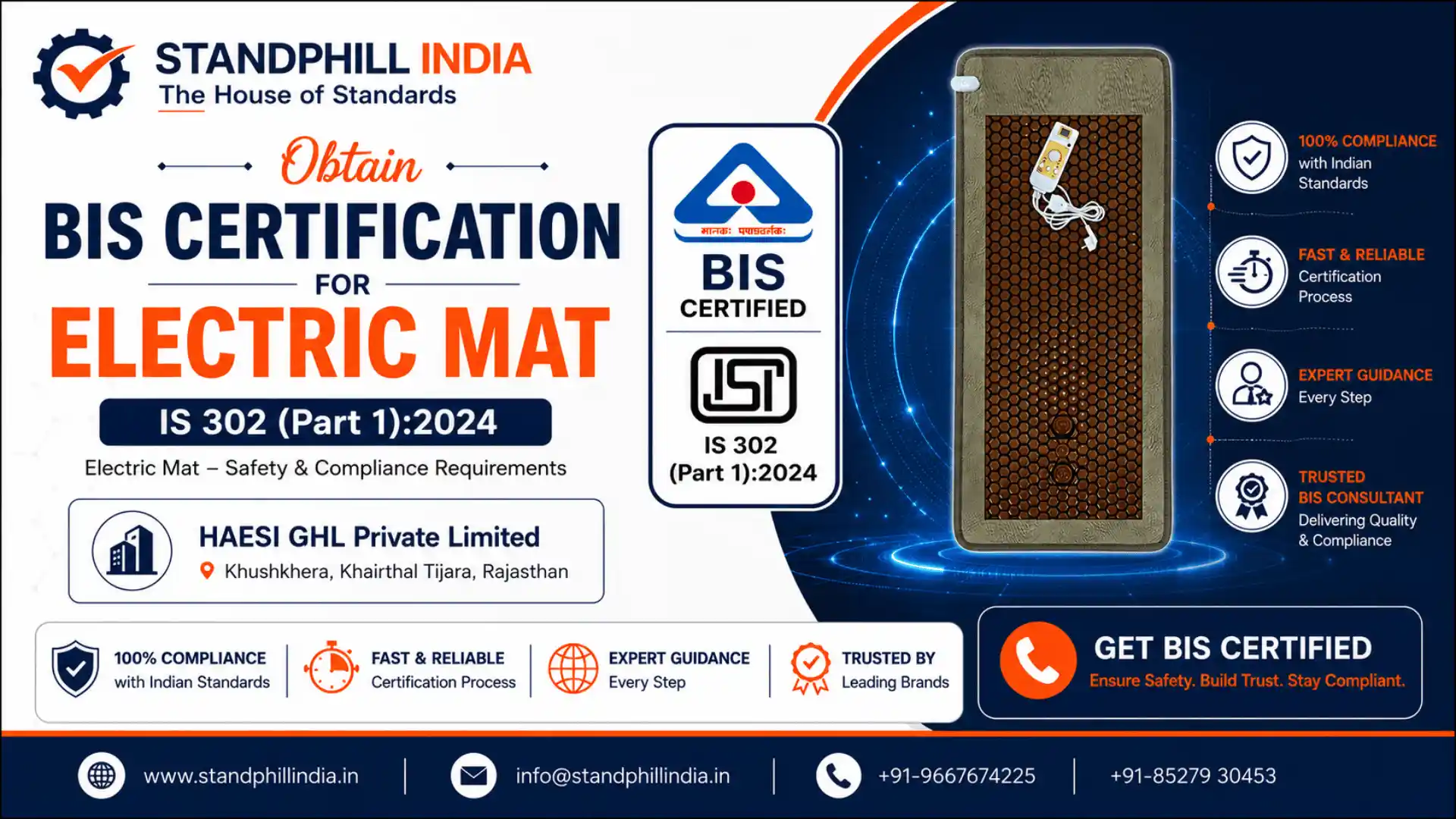 BIS Certification for Electric Mat IS 302 Part 1:2024 - HAESI GHL Private Limited, Khushkhera, Khairthal Tijara, Rajasthan | Standphill India