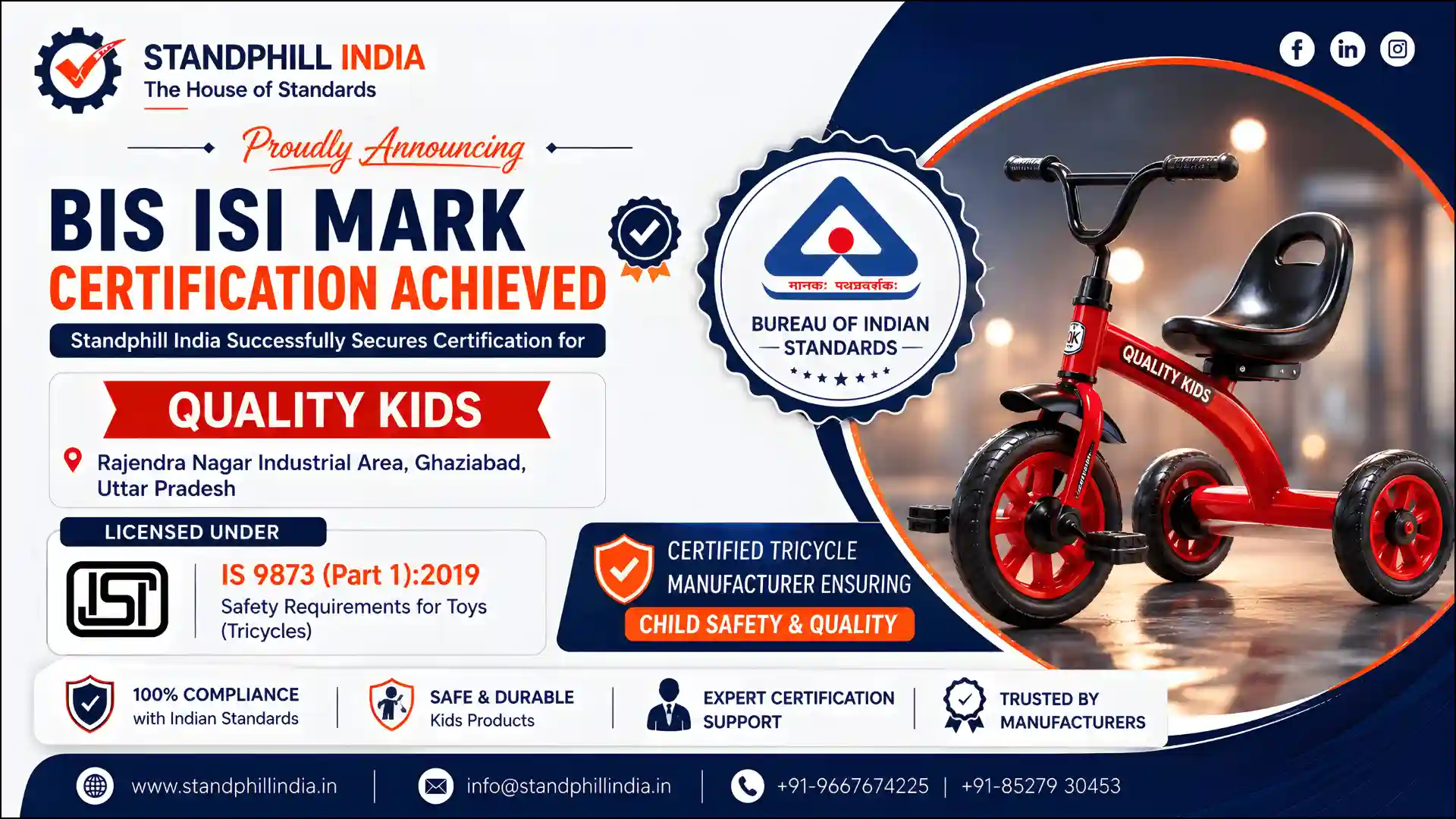 BIS Certification for Tricycle - IS 9873 Part 1:2019 Safety of Toys | Quality Kids, Ghaziabad, Uttar Pradesh | Standphill India