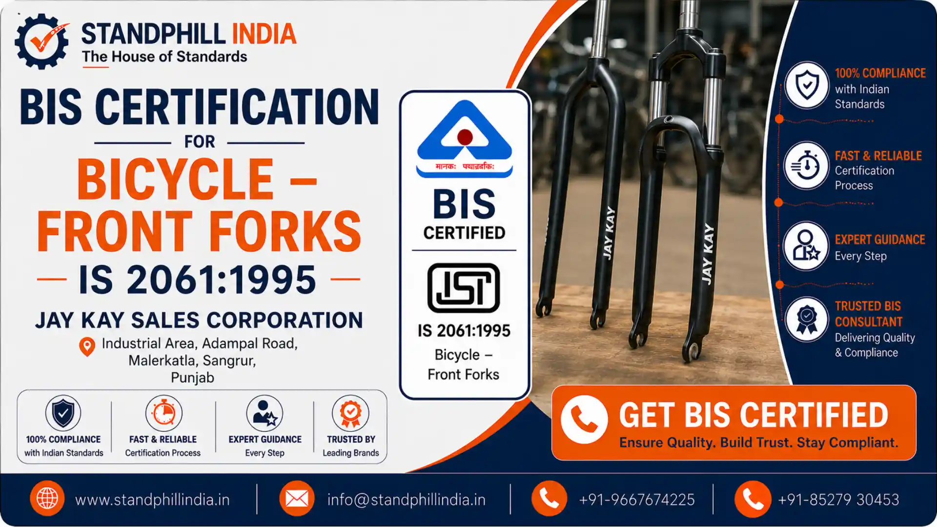 BIS Certification for Bicycle Front Forks IS 2061:1995 - Jay Kay Sales Corporation, Malerkotla, Sangrur, Punjab | Standphill India