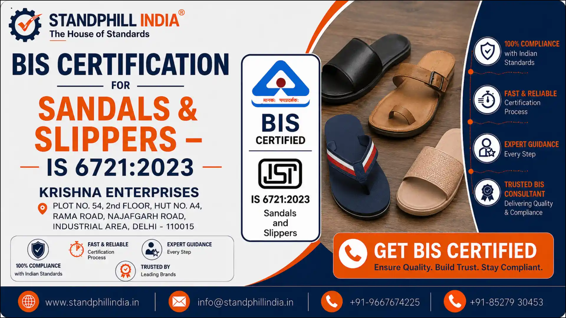 BIS Certification for Sandals and Slippers IS 6721:2023 - Krishna Enterprises, Najafgarh Road, Delhi | Standphill India