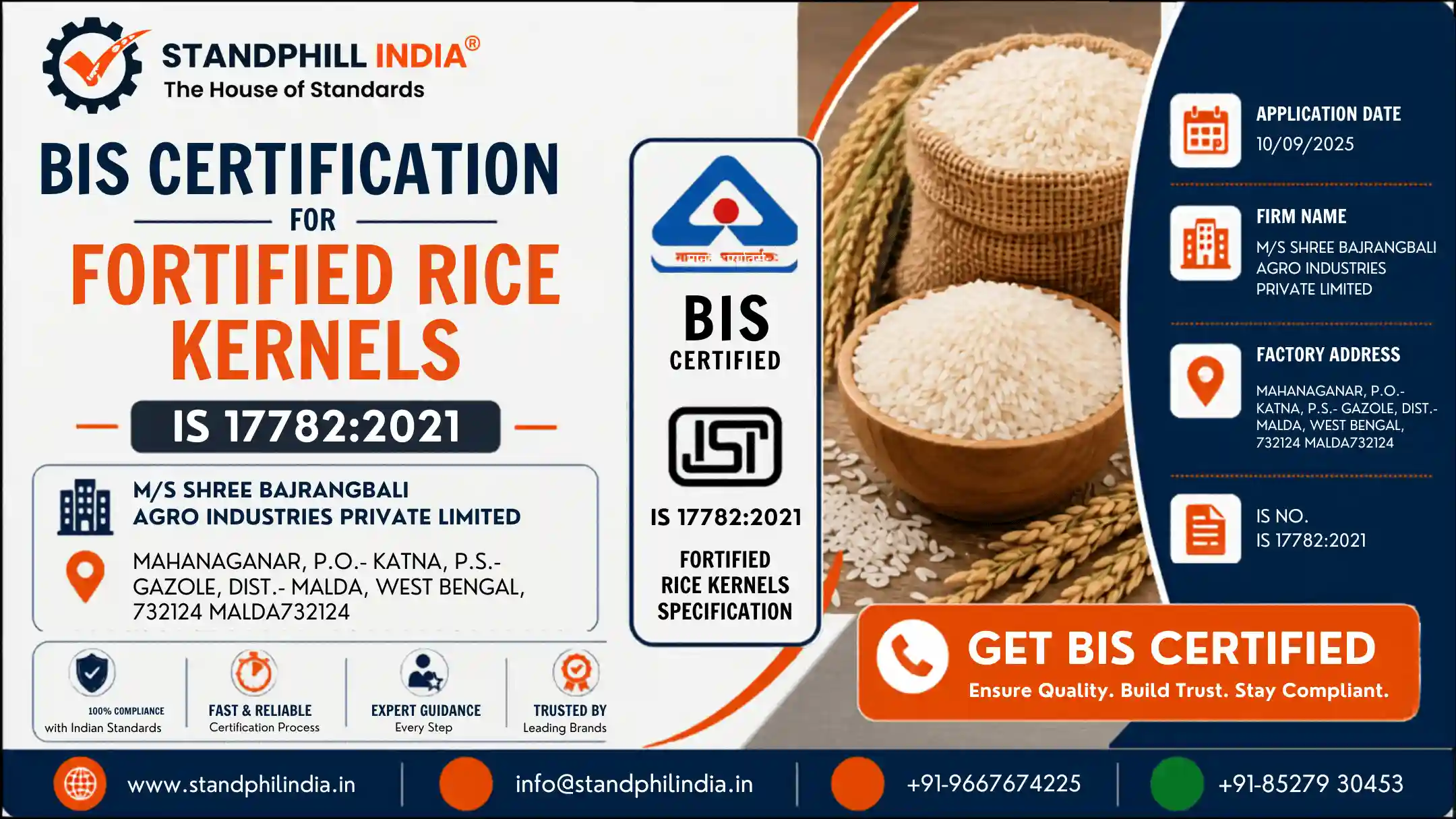 BIS Certification for Fortified Rice Kernels IS 17782:2021 - Shree Bajrangbali Agro Industries, Malda, West Bengal | Standphill India