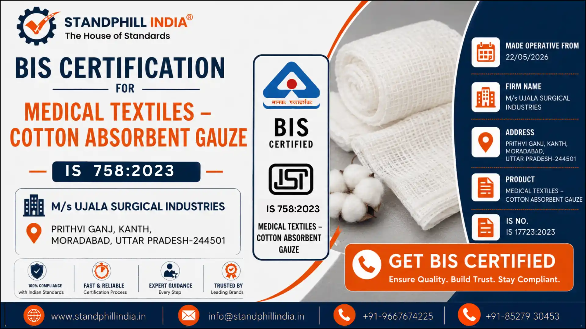 BIS Certification for Cotton Absorbent Gauze IS 758:2023 - Ujala Surgical Industries, Kanth, Moradabad, Uttar Pradesh | Standphill India