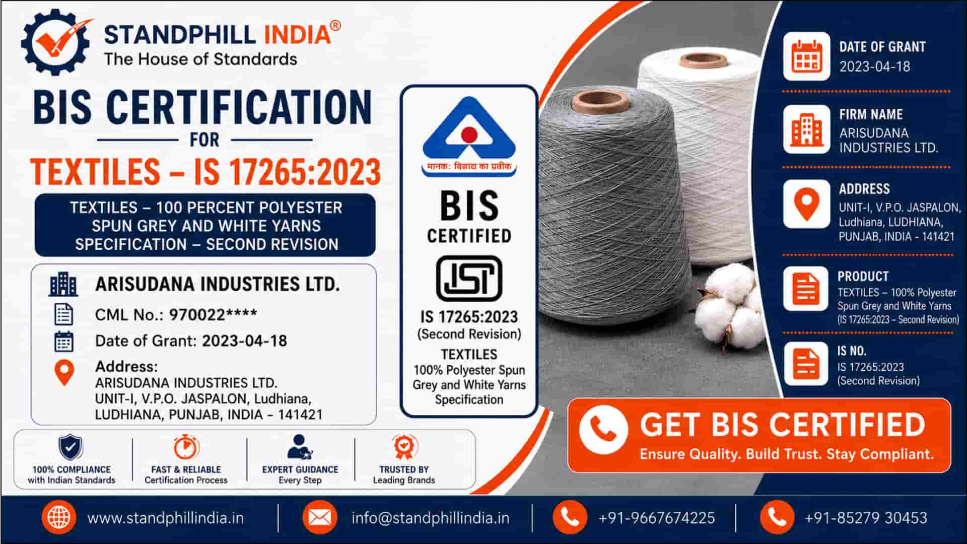 BIS Certification for 100% Polyester Spun Yarn IS 17265:2023 - Arisudana Industries, Jaspalon, Ludhiana, Punjab | Standphill India