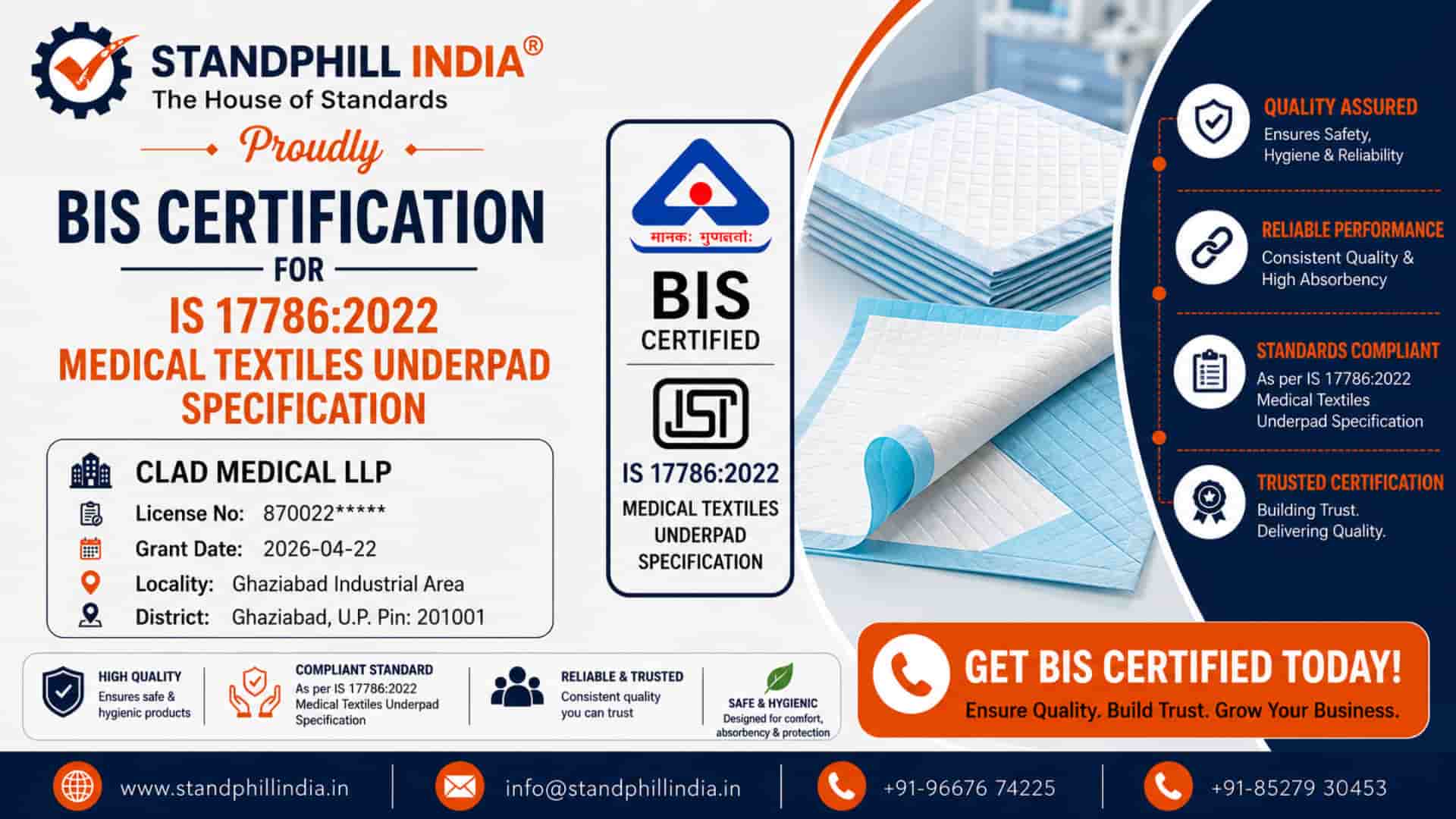BIS Certification for Medical Textiles Underpad IS 17786:2022 - Clad Medical LLP, Ghaziabad, Uttar Pradesh | Standphill India