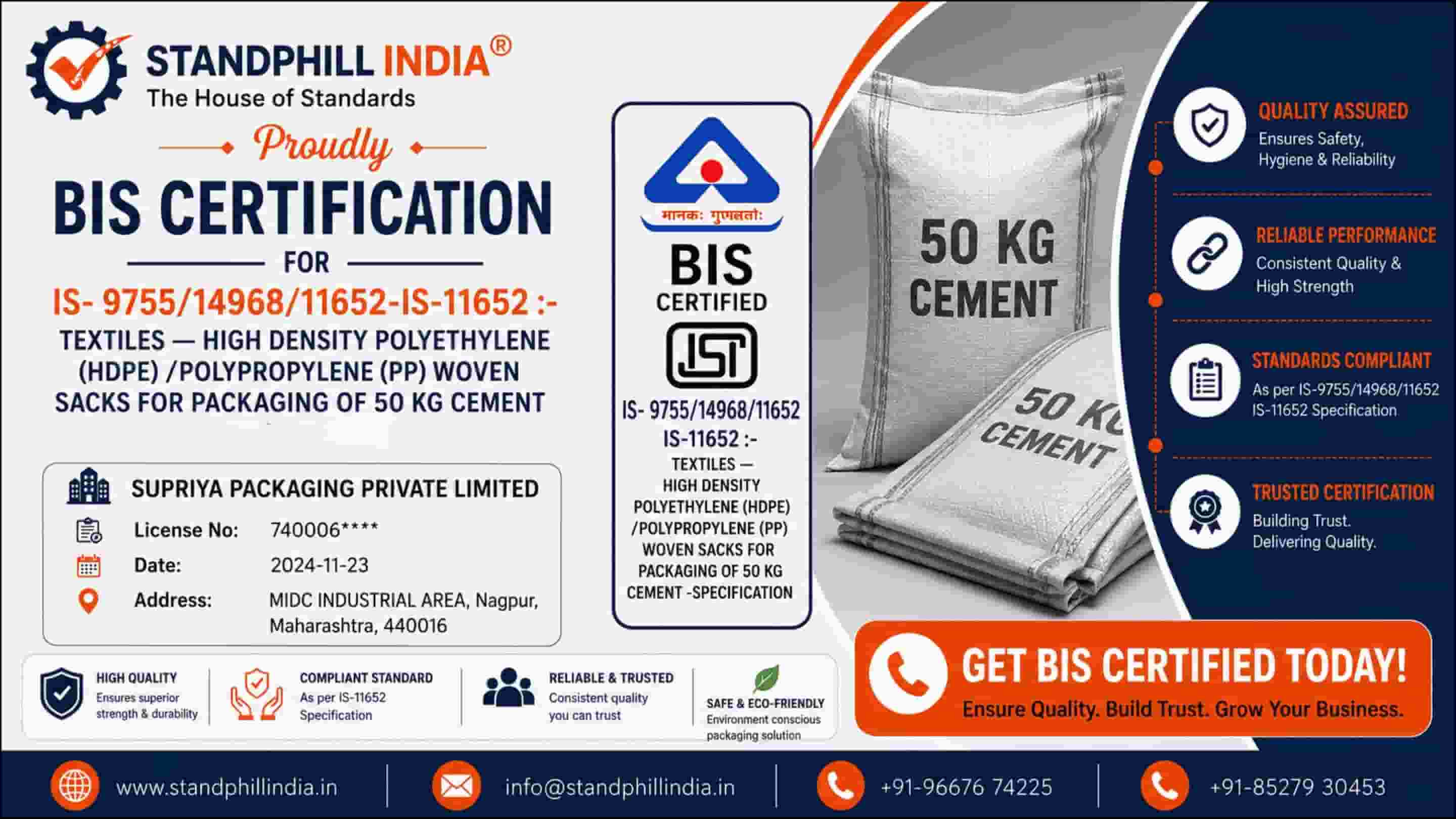 BIS Certification for HDPE/PP Woven Sacks for Cement Packaging IS 11652 - Supriya Packaging Private Limited, MIDC Hingna, Nagpur, Maharashtra | Standphill India