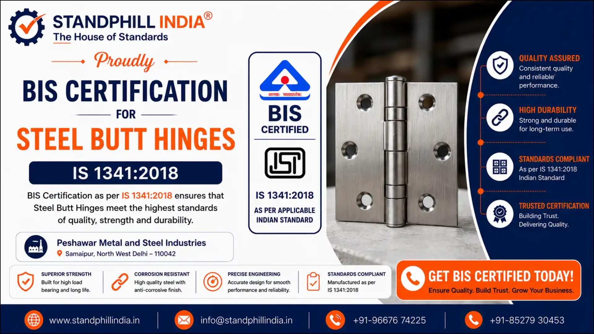 BIS Certification for Steel Butt Hinges IS 1341:2018 - Peshawar Metal and Steel Industries, Samaipur, North West Delhi | Standphill India