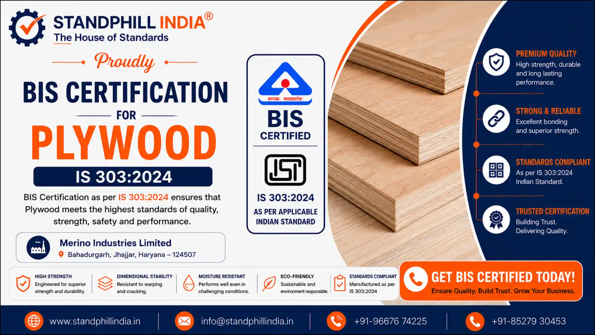 BIS Certification for Plywood IS 303:2024 - Merino Industries Limited, Bahadurgarh, Jhajjar, Haryana | Standphill India