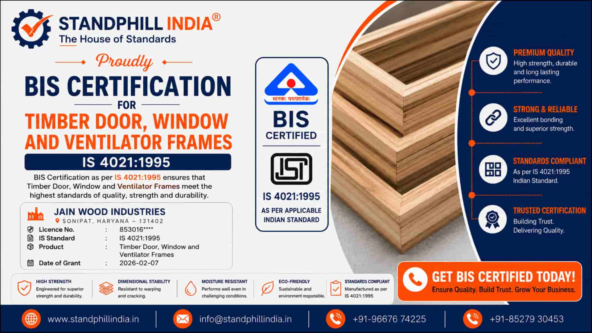 BIS Certification for Timber Door Window and Ventilator Frames IS 4021:1995 - Jain Wood Industries, Kharkhoda, Sonepat, Haryana, Standphill India