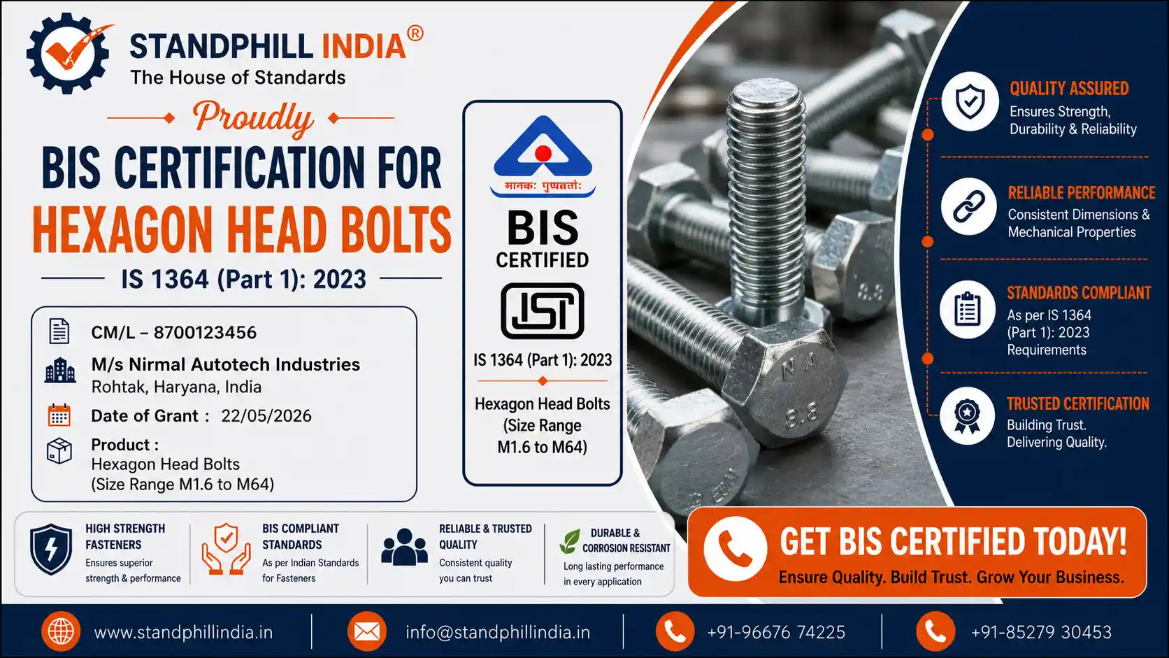 BIS Certification for Hexagon Head Bolts IS 1364 Part 1 - Nirmal Autotech Industries, Rohtak, Haryana